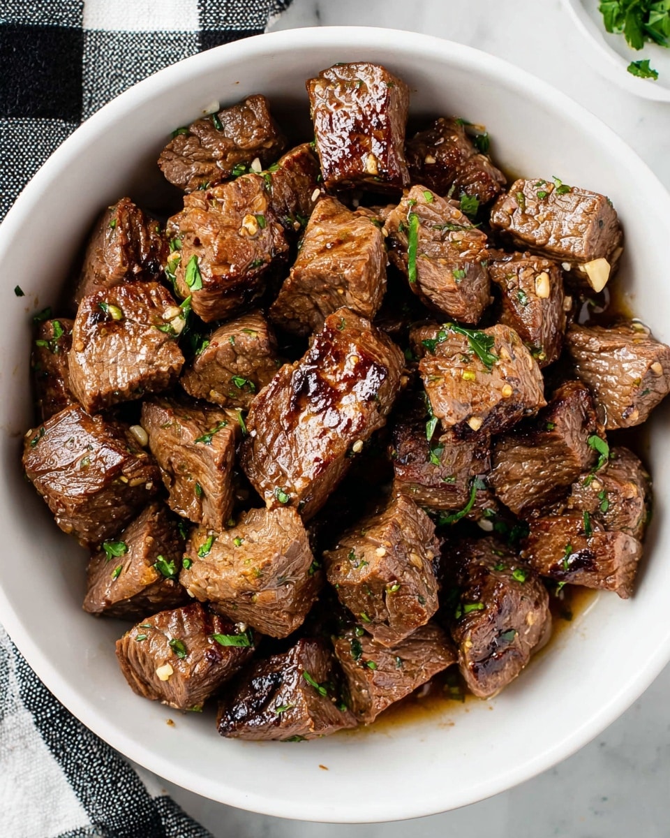 A close-up image of a wooden spoon holding several pieces of cooked brown meat cubes, each glistening with a light glaze and sprinkled with small green herb bits, above a white plate filled with more similarly cooked meat cubes. The meat has a slightly rough texture with visible seared marks and bits of garlic on some pieces. In the blurred background, there is a bunch of fresh green herbs and a clove of garlic resting on a white marbled surface. Photo taken with an iphone --ar 4:5 --v 7
