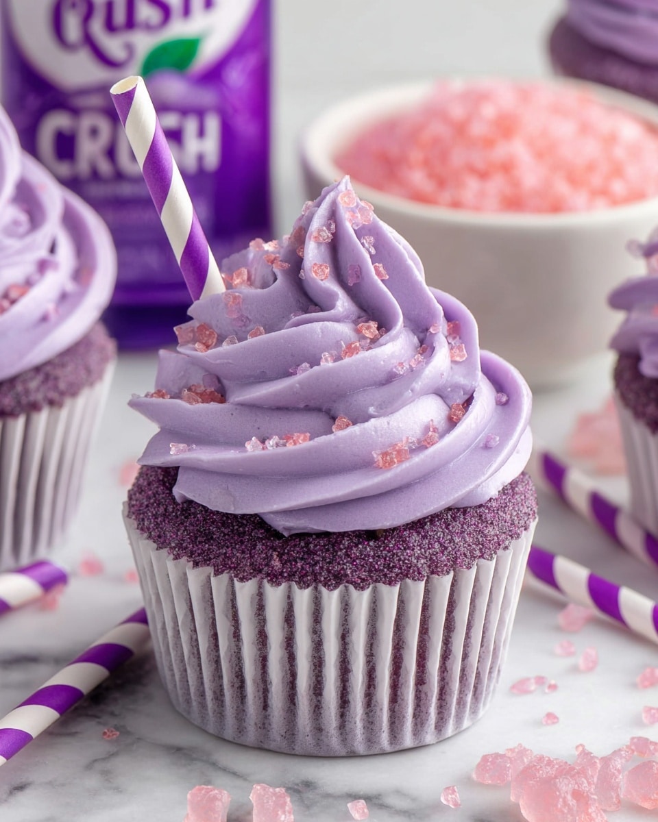 A single purple cupcake with a thick, swirled layer of light purple frosting on top is shown in a white paper liner. The cupcake cake is a darker purple and textured, sitting on a white marbled surface. The frosting is decorated with small pink sugar crystals and has a purple and white striped paper straw inserted on one side. Around the cupcake are purple and white striped straws, some pink sugar crystals scattered on the surface, and a white bowl filled with pink sugar crystals. In the background, there is a purple drink can partially visible. photo taken with an iphone --ar 4:5 --v 7