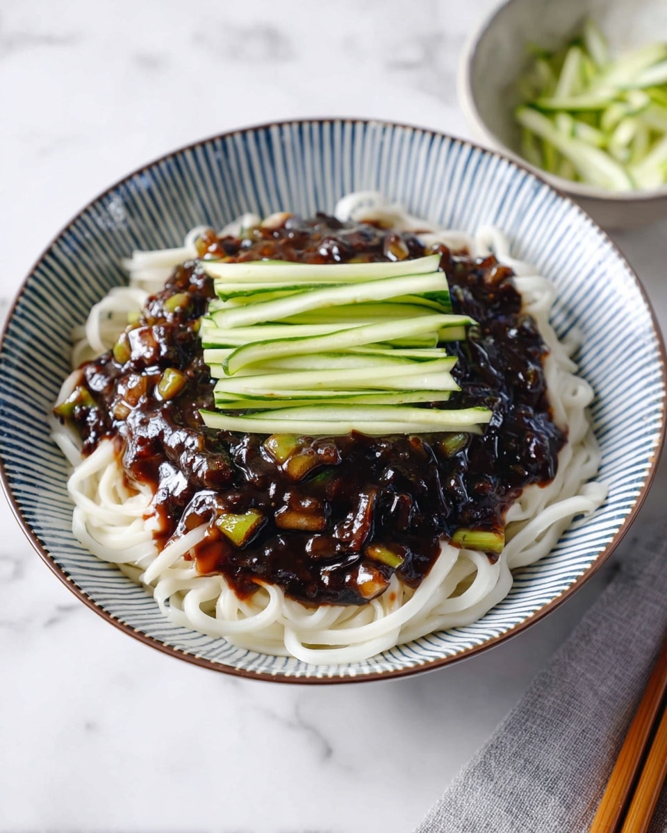 A bowl with thick white noodles forms the base layer, topped with a thick dark brown sauce mixed with small chunks of cooked vegetables creating a textured surface. On top of the sauce, there is a neat pile of thin, light green cucumber strips arranged in a small stack at the center. The bowl is white with a blue striped pattern inside and a thin brown rim. The bowl sits on a white marbled surface with a white cloth underneath and a small glass bowl with green cucumber sticks blurred in the background. photo taken with an iphone --ar 4:5 --v 7