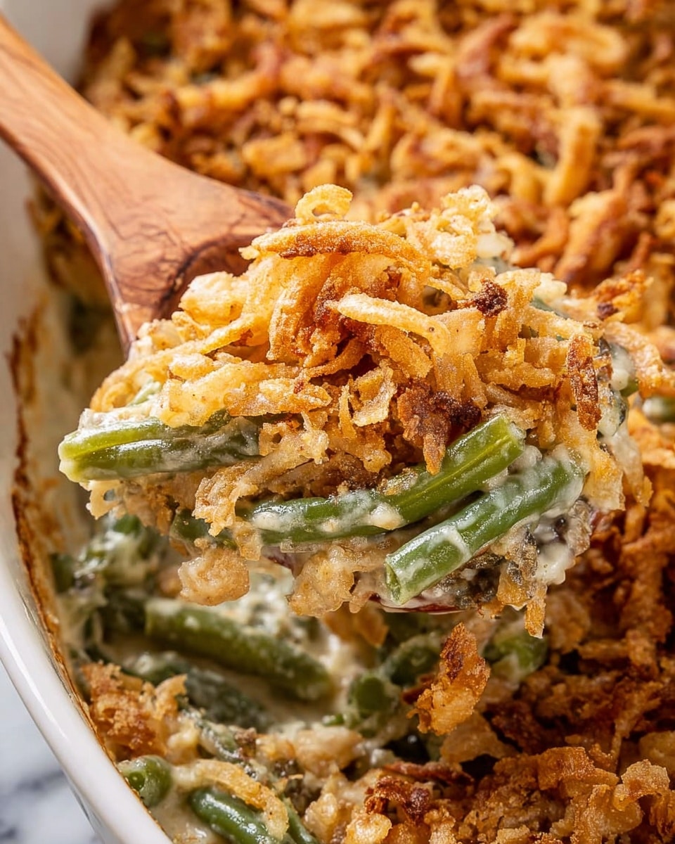 A close-up view of a green bean casserole showing three layers: the bottom layer has soft green beans in a creamy sauce with some white and light green colors; the middle layer has a light brown crumbly textured mixture; the top layer is golden brown crispy fried onions scattered evenly, adding crunch. A wooden spoon is lifting some of the casserole, showing all three layers clearly with a mix of creamy, soft green beans and crispy, crunchy topping. The dish sits on a white marbled surface. photo taken with an iphone --ar 4:5 --v 7