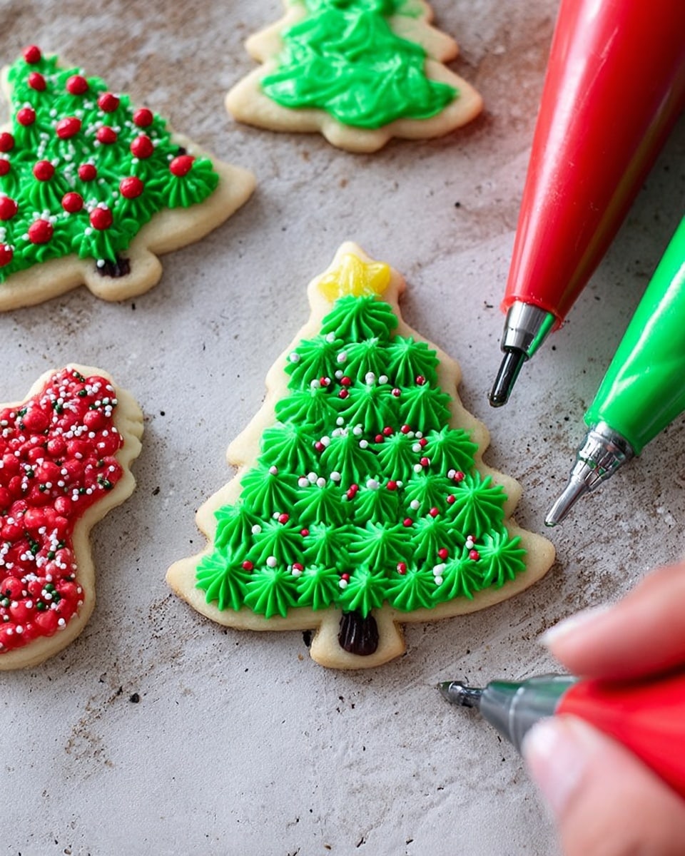 The image shows a Christmas tree shaped cookie decorated with bright green frosting piped in small star-like dollops covering the whole surface. Tiny red and white round sprinkles are scattered on the green frosting, with a small yellow star piped at the top of the tree. Next to it are other cookies decorated in green and red frosting, shaped like trees and berries. Two frosting piping bags, one green and one red, lie near the cookies on a white marbled textured surface. A woman's hand is partially visible holding one of the piping bags. photo taken with an iphone --ar 4:5 --v 7