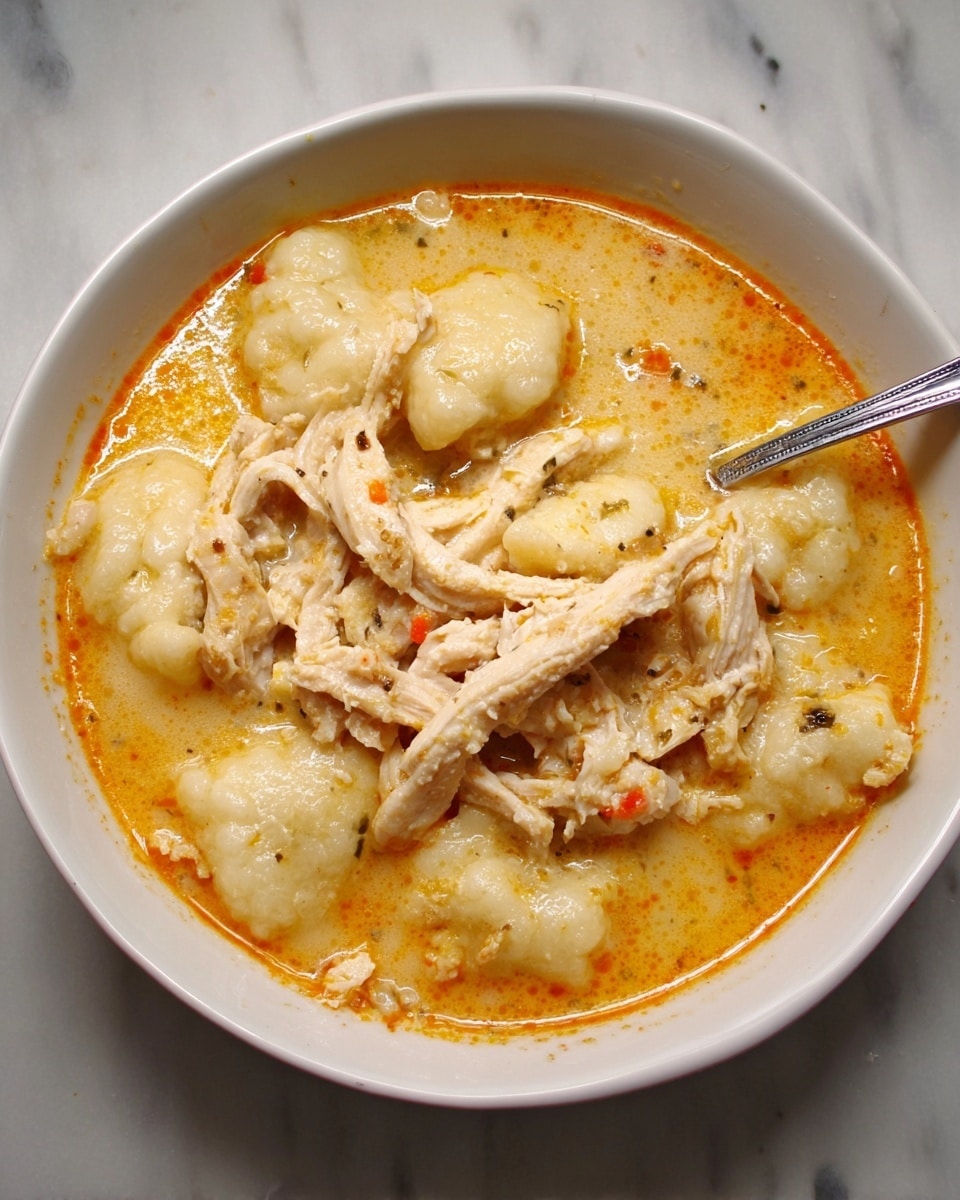 A close-up view of a white bowl filled with a creamy orange soup. Inside the soup, there are many soft, pale-colored dumplings or dough pieces floating on top and slightly submerged. Thin light brown shredded meat strips are mixed throughout the soup, adding texture variety. A metal spoon is partially visible, resting inside the bowl on the left side. The bowl is placed on a white marbled surface. photo taken with an iphone --ar 4:5 --v 7