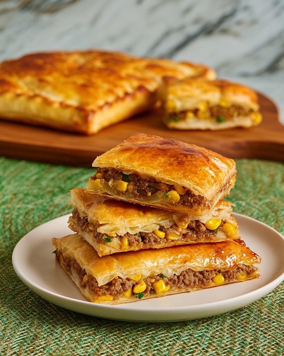 A white plate holds four square pieces of golden-brown baked pastry, each showing three visible layers: a shiny, crispy top crust; a middle layer filled with a mix of ground meat, yellow corn kernels, and green herbs; and a bottom crust that looks flaky and firm. One piece is stacked on top of another, displaying the filling clearly. In the background, there is a whole, uncut pastry with a similar golden-brown crust, resting on a wooden board over a textured green mat. The setting is on a surface with a white marbled texture. Photo taken with an iphone --ar 4:5 --v 7