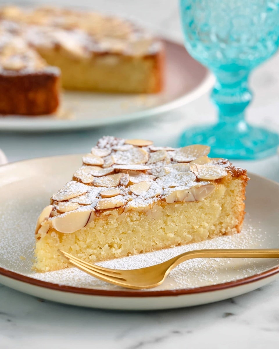 A slice of almond cake with two visible layers sits on a white plate with a thin beige rim; the bottom layer is a moist, light golden brown cake, while the top layer is slightly crumbly with toasted almond slices scattered on it, all dusted with powdered sugar. Behind the slice, the rest of the round cake is seen on a white plate, showing a clean cut where the slice was taken out. To the left of the plate, a gold fork rests, and toward the back, a textured light blue glass is partially visible. The background is a white marbled texture. photo taken with an iphone --ar 4:5 --v 7