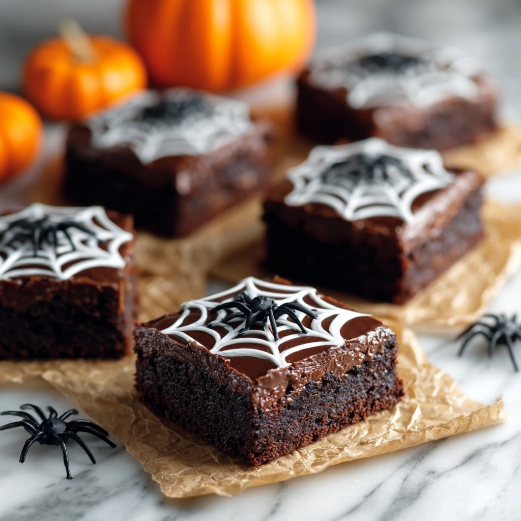 The image shows four square chocolate brownies placed on a crumpled piece of brown parchment paper on a white marbled surface. Each brownie has two layers: a thick, dark, moist chocolate layer as the base and a glossy dark chocolate top layer decorated with a white icing spider web pattern. On the center of each web sits a small black plastic spider. In the blurred background, there are small orange pumpkins and more black plastic spiders scattered. The photo taken with an iphone --ar 4:5 --v 7