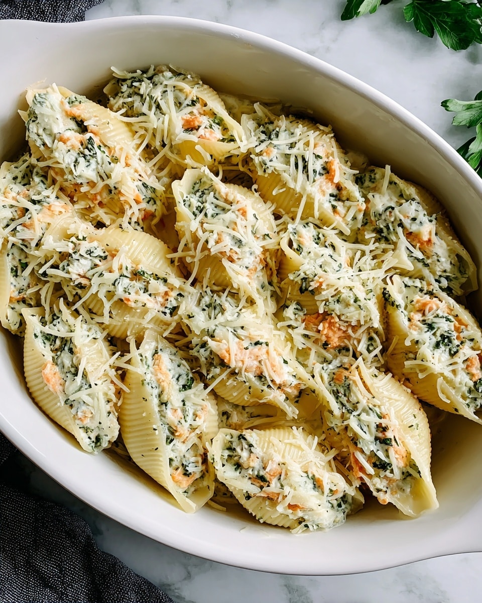 A white oval dish filled with large pasta shells arranged closely side by side. Each shell is stuffed with a creamy white filling mixed with small pieces of orange salmon and green herbs. The filling has a soft, slightly crumbly texture with shredded cheese sprinkled on top, showing thin, pale yellow strands. The dish is placed on a white marbled surface, with a purple cloth and a bright pink onion with green leaves partially visible in the background. Photo taken with an iphone --ar 4:5 --v 7