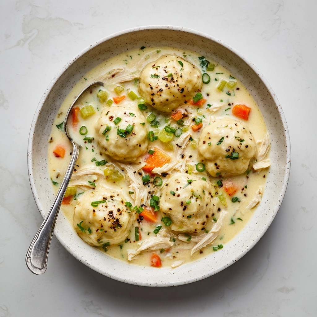 A close-up view of a creamy chicken and dumpling soup served in a white bowl. The dish has two main layers visible: the first layer is a thick, creamy white broth dotted with black pepper and green herbs scattered throughout. The second layer consists of chunky, tender white shredded chicken pieces, soft green celery slices, and small bright orange carrot cubes. Plump, round dumplings with a smooth, light beige texture float on top of the soup, also sprinkled with bits of black pepper and green herbs. A metal spoon rests on the edge of the bowl. The bowl sits on a white marbled surface. photo taken with an iphone --ar 4:5 --v 7