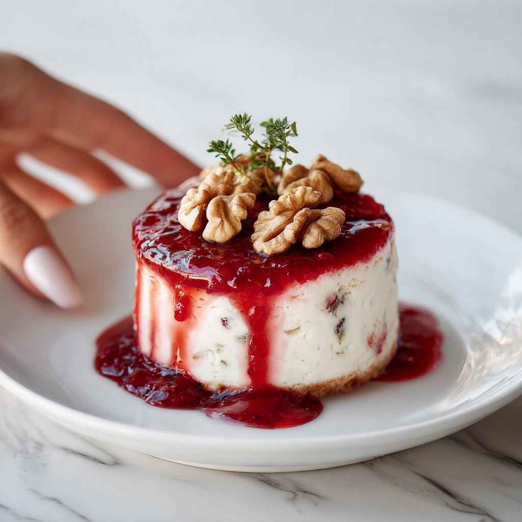 The image shows a round, multi-layered cheese ball on a white plate, with three layers of creamy white cheese mixed with green herbs. The top is covered with bright red berry sauce that drips down the sides, adding a shiny texture. There are four large walnut pieces placed evenly around the top edge, and green herb sprigs in the center. Some chopped herbs are sprinkled around the sauce for extra color. The plate sits on a white marbled surface. photo taken with an iphone --ar 4:5 --v 7