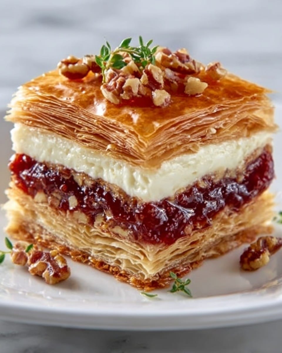 The image shows a square piece of dessert with multiple thin layers. The bottom part has light golden pastry layers, topped with a thick dark red fruit layer with a glossy texture. Above this red layer is a creamy, pale yellow custard layer that looks smooth and soft. On top of the custard is another set of very thin, crispy golden pastry layers which shine slightly. The dessert is sprinkled with small brown nut pieces on top and around the plate. It sits on a simple white plate placed on a white marbled surface. Photo taken with an iphone --ar 4:5 --v 7