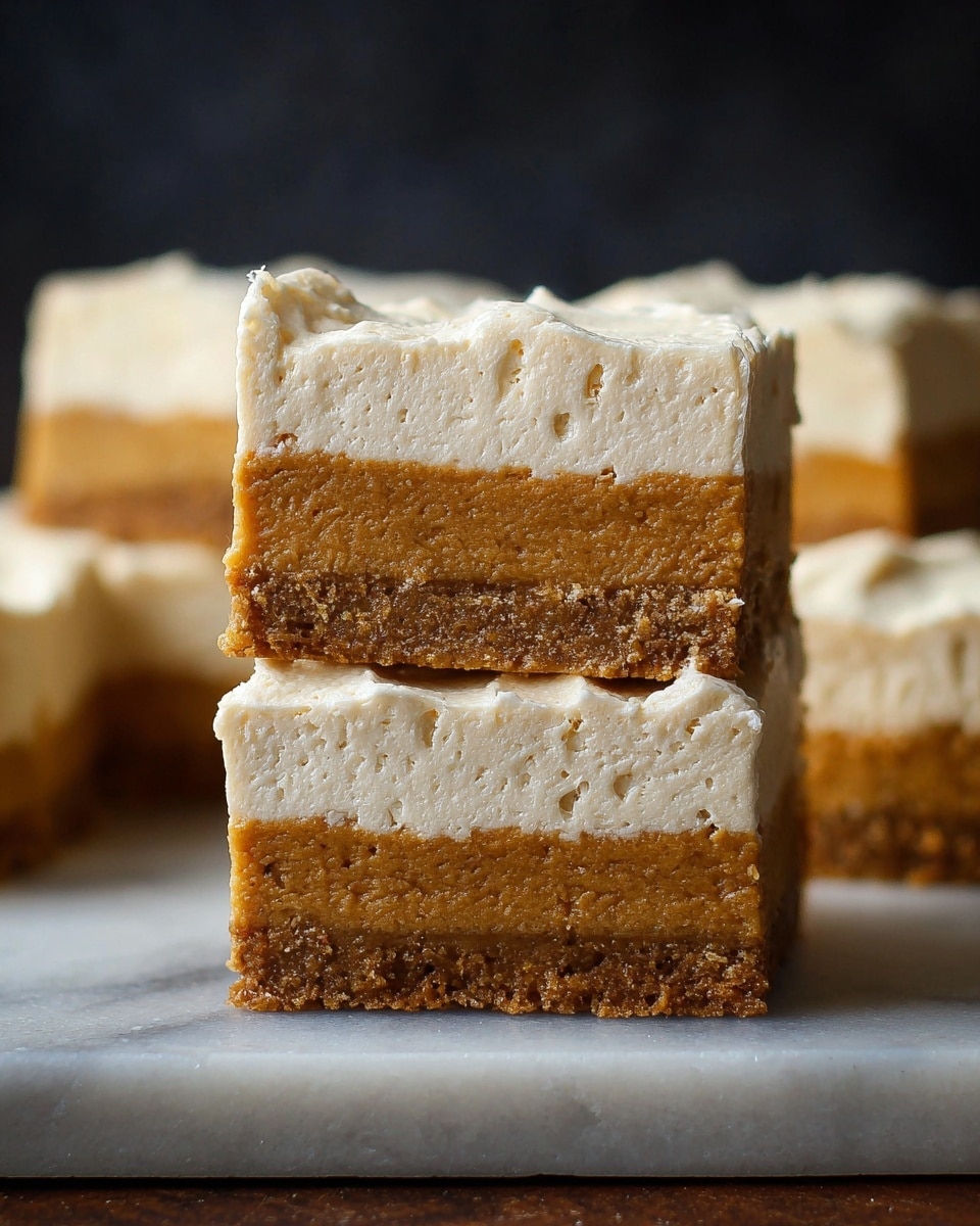 The image shows two stacked dessert bars with two distinct layers each, placed on a white marbled surface. The bottom layer is thick and dense, with a rich golden-brown color and slightly textured, moist appearance. The top layer is a lighter cream color with a fluffy, smooth, whipped texture, slightly uneven on the top edges. Behind the stack, more bars with the same two-layer structure are visible, showing consistency in thickness and layers. The background is dark, making the layers stand out sharply. Photo taken with an iphone --ar 4:5 --v 7