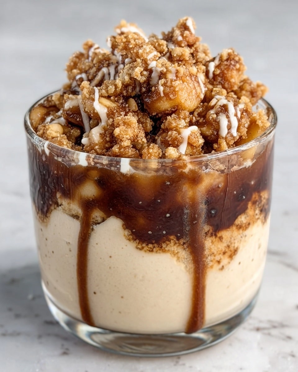 The image shows a clear glass jar dessert with three layers: the bottom layer is smooth white yogurt, the middle layer has chunky golden brown baked apple pieces, and the top layer is sprinkled with light brown crushed nuts. A silver spoon is inserted into the jar, and a woman's hand is holding the spoon. The jars rest on a white marbled surface with a soft light in the background. photo taken with an iphone --ar 4:5 --v 7