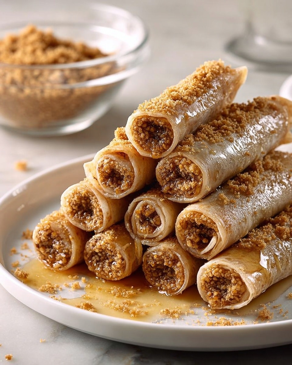 A white plate holds a stack of thin, cylindrical rolls with multiple delicate layers of light golden-brown pastry wrapped around a finely crushed nut filling. The rolls are arranged in two layers, with the bottom layer forming a stable base and the top layer piled neatly on it. The pastry surface is glossy, coated with a shiny syrup that pools slightly on the plate and glistens under light. Small bits of crushed nuts are sprinkled over the rolls and plate, adding a crumbly texture. In the background, there is a clear glass bowl filled with more crushed nuts resting on a white marbled surface. Photo taken with an iphone --ar 4:5 --v 7