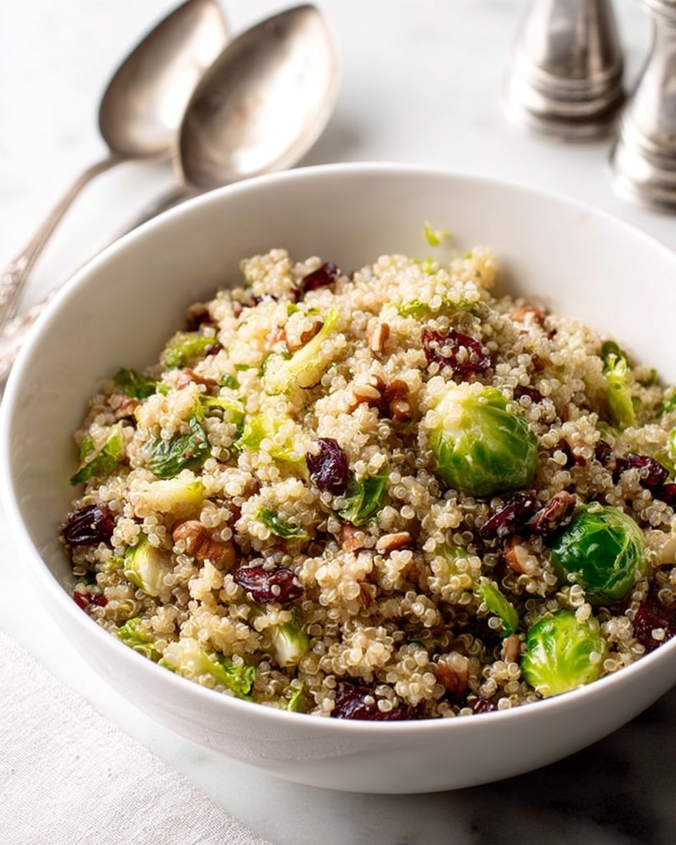 A white bowl filled with a quinoa salad showing light beige small quinoa grains as the base layer, mixed with small green Brussels sprout leaves scattered evenly throughout, with bits of dark reddish dried cranberries and small brown walnut pieces mixed in. The quinoa looks fluffy and slightly glossy, while the Brussels sprouts add pops of bright green and leafy texture. The bowl is on a white marbled surface with a vintage silver spoon placed nearby and a salt and pepper grinder blurred in the background. photo taken with an iphone --ar 4:5 --v 7