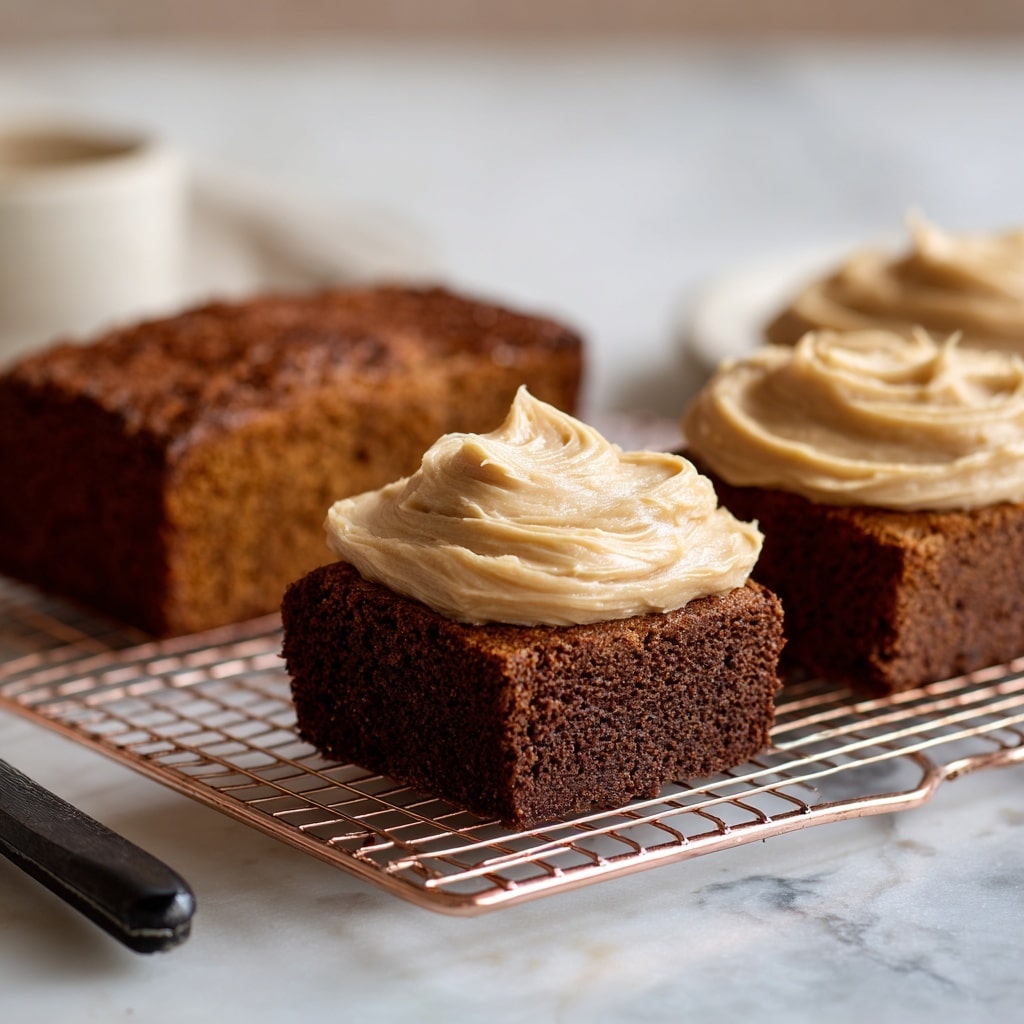 The image shows three small rectangular chocolate cakes placed on a copper cooling rack over a white marbled surface. Two cakes in the front have a thick, smooth layer of light brown creamy frosting on top, which looks soft and swirled with gentle peaks. The third cake in the back is without frosting, showcasing its dark brown, slightly rough textured surface. In the background, a white bowl with more light brown frosting and a silver knife with some frosting on its blade are partially visible. Photo taken with an iphone --ar 4:5 --v 7