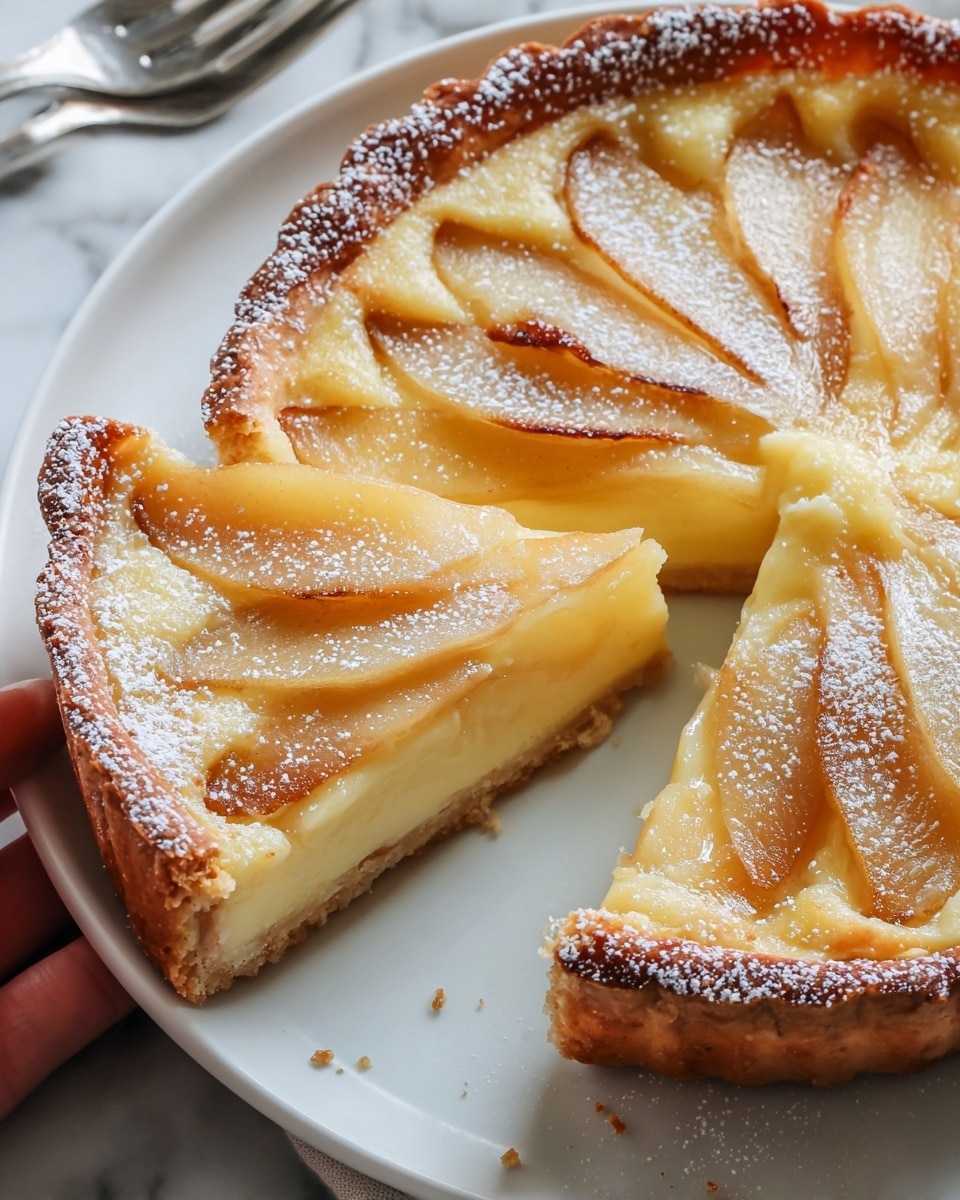 A creamy pear tart sits on a white plate with a slice removed, showing three thick layers: a golden brown crust with a slightly crumbly texture on the bottom and sides, a smooth pale custard layer in the middle, and soft yellow pear slices with a light caramelized edge arranged in a circular pattern on top. The tart is dusted with fine white powdered sugar, adding a delicate touch to the warm colors. The background is a white marbled texture with a fork placed beside the plate, and a woman's hand gently holding the edge of the plate is partly visible. photo taken with an iphone --ar 4:5 --v 7