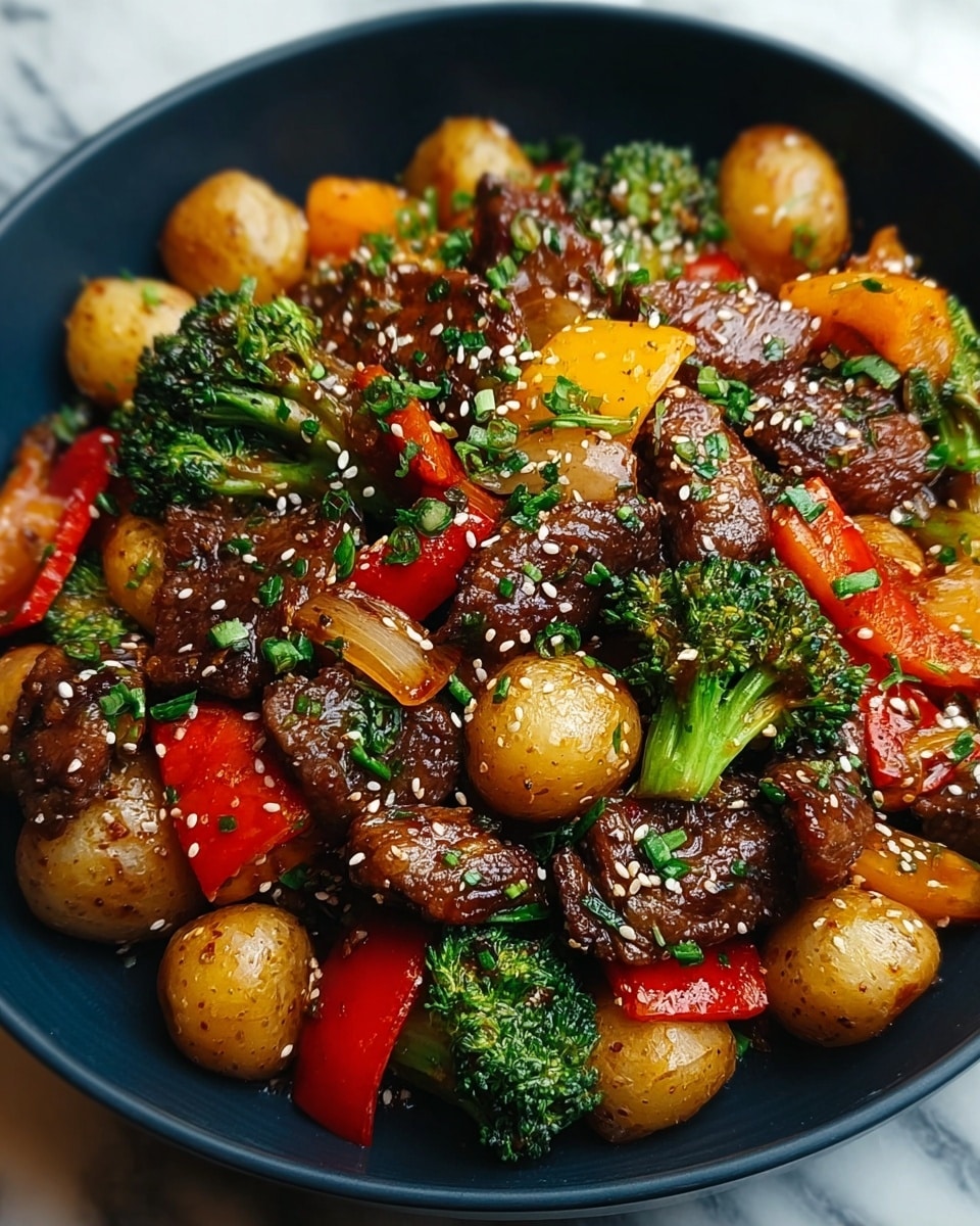The dish is served in a white bowl filled with many pieces of cooked beef, which are brown and glistening, scattered evenly throughout. There are roasted vegetables mixed in, including orange bell peppers with smooth skin, small golden-brown potatoes, lightly charred white onion quarters, and dark green broccoli florets. The ingredients are sprinkled with white sesame seeds and small chopped green herbs, adding texture and color contrast. The bowl is placed on a white marbled surface. photo taken with an iphone --ar 4:5 --v 7