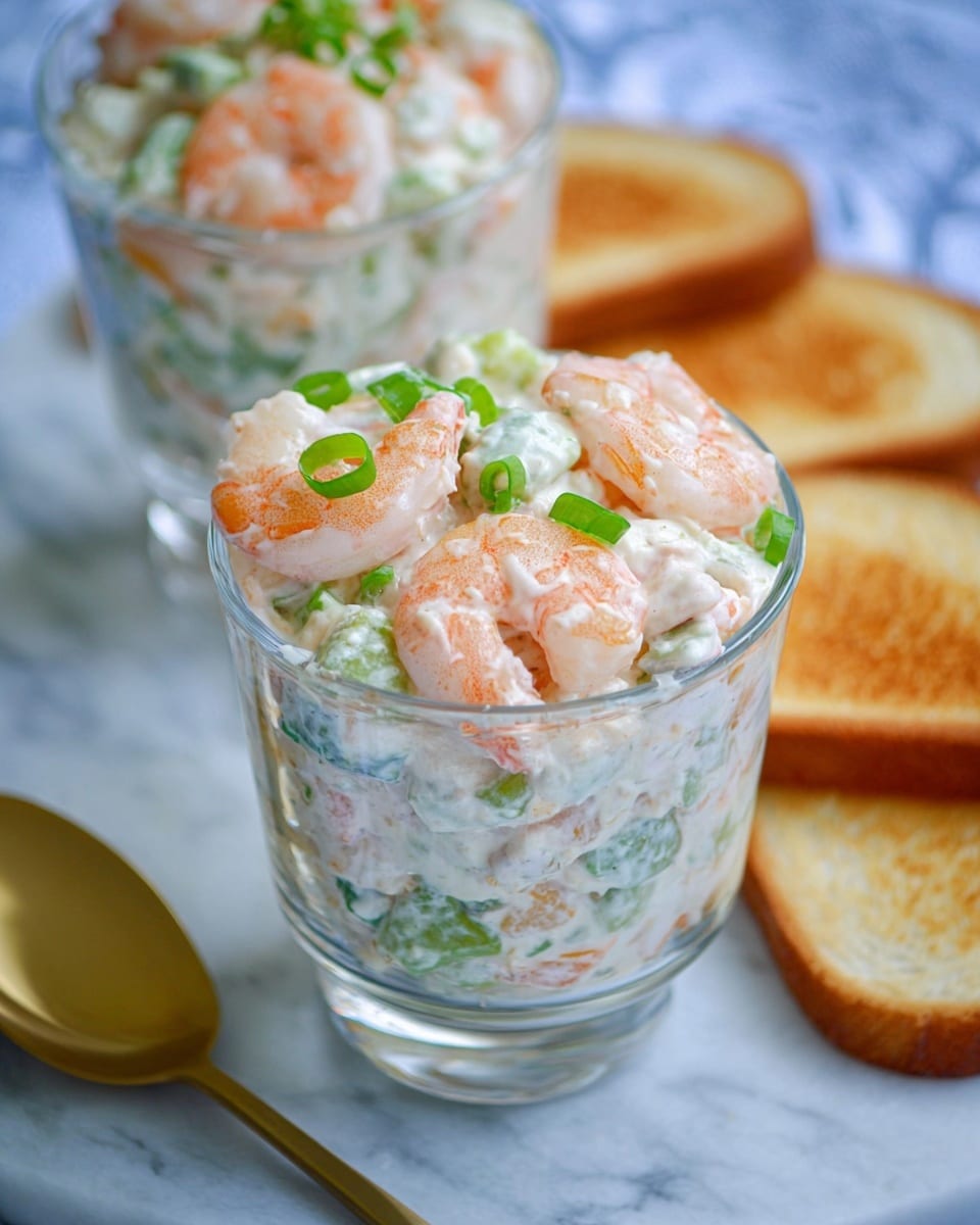 The image shows a glass cup filled with creamy shrimp salad placed on a white marbled surface. The salad has three visible layers: the bottom layer is chopped celery or herbs with a green and white mix, the middle layer is a thick, white creamy sauce mixed with shrimp, and the top layer contains whole pink-orange shrimp pieces garnished with small green onion pieces. Behind this cup, there is a second glass cup with the same salad, slightly blurred. To the right in the background, there are two toasted bread slices with a golden brown color, placed on the white marbled surface. Photo taken with an iphone --ar 4:5 --v 7