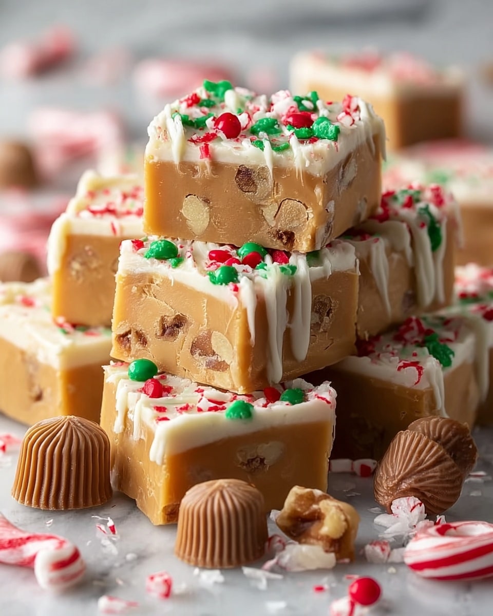 This image shows a stack of five thick square pieces of light brown fudge, each topped with white icing drizzles and sprinkled with small red, green, and white candy pieces. The fudge has a smooth but slightly textured surface with some small nuts visible inside. Around the fudge are several small round brown candies with ridged sides and whole and broken red and white striped peppermint candies scattered on a white marbled surface. The lighting highlights the creamy texture of the fudge and the colorful toppings, giving a festive holiday look. photo taken with an iphone --ar 4:5 --v 7