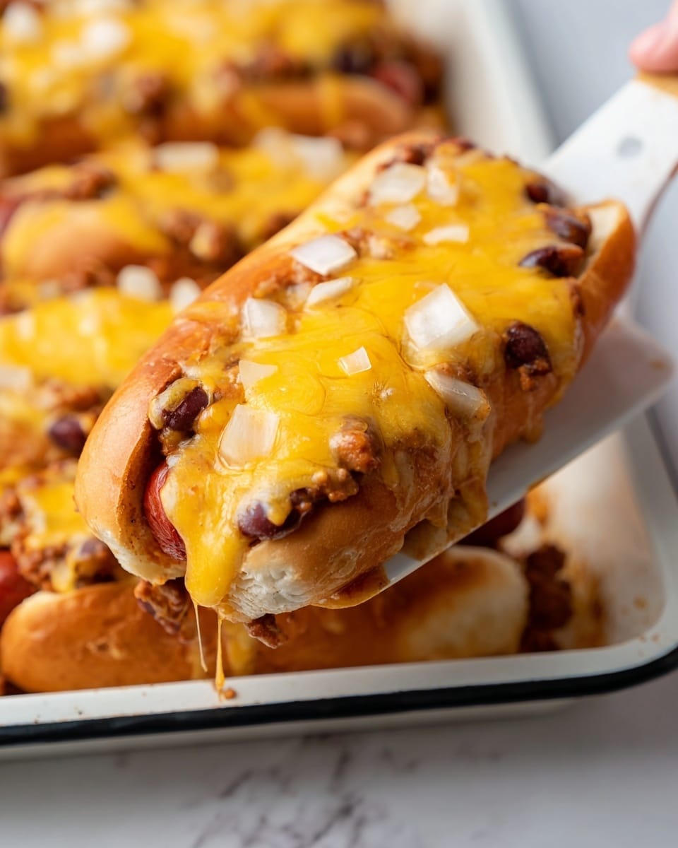 The image shows a close-up of a baked hot dog topped with melted yellow cheddar cheese, dark brown baked beans, and small pieces of white onion. The hot dog bun is light brown and soft, holding the toppings together. The toppings appear thick and gooey, with some cheese stretching slightly. The hot dog is lifted out of a baking pan with a white marbled surface beneath it, with a woman’s hand holding a white spatula under the hot dog. The pan contains more hot dogs with the same toppings, slightly blurred in the background. Photo taken with an iphone --ar 4:5 --v 7