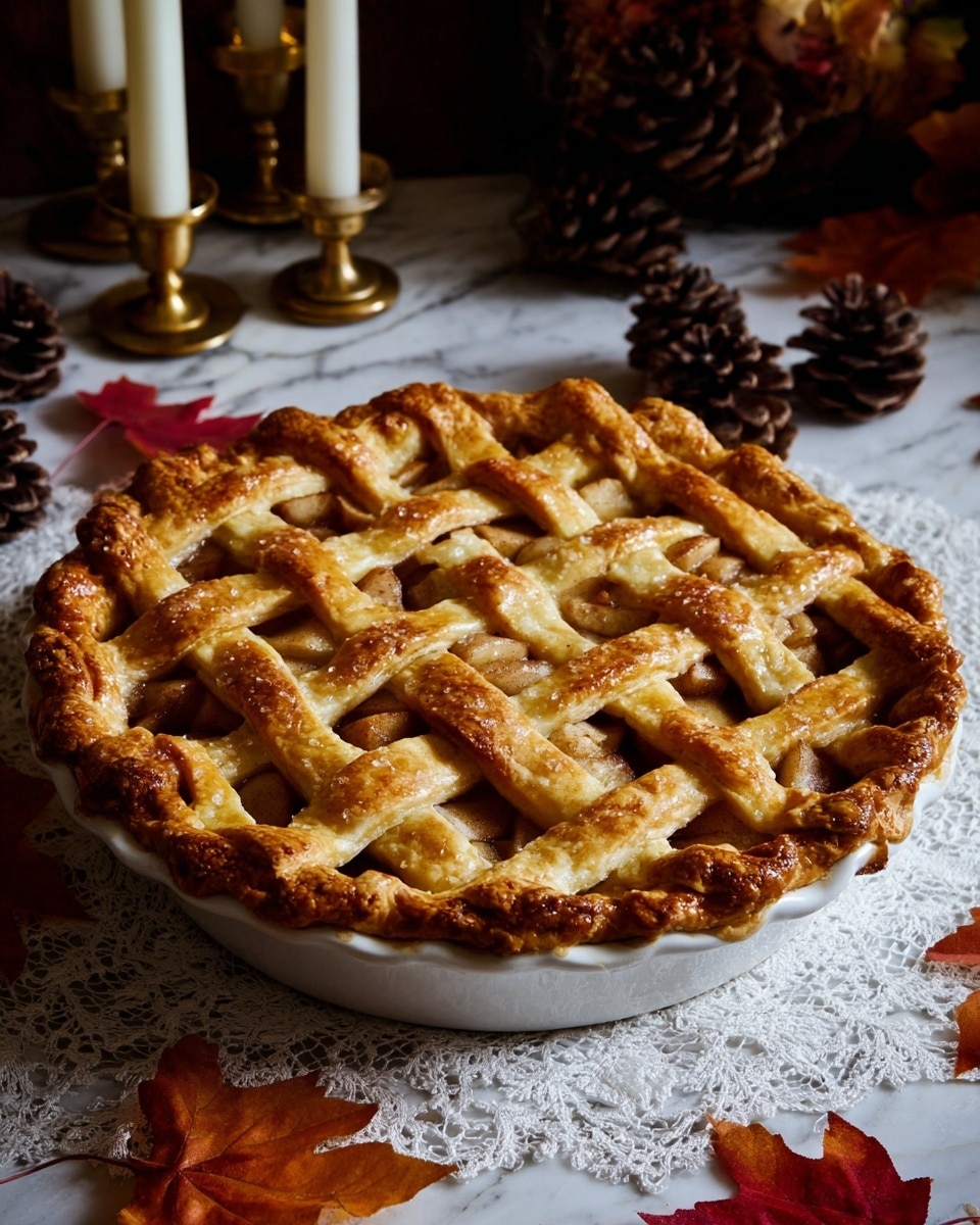 A golden-brown lattice apple pie sits on a white plate with a gently scalloped edge, showing its flaky and textured crust layers. The lattice top crust is a light amber color with baked, slightly uneven strips weaving over and under, revealing the warm, soft, brown apple filling beneath. The pie sits on a white lace cloth, surrounded by red and orange dried autumn leaves and brown pine cones, with a dark, warm, moody background and a brass three-candle holder adding to the cozy fall scene. photo taken with an iphone --ar 4:5 --v 7