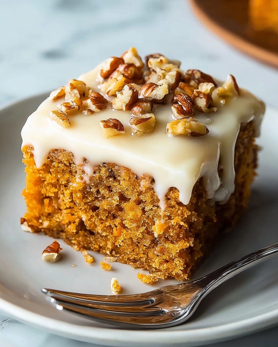 A single square slice of moist carrot cake sits on a white plate with a shiny silver fork beside it. The cake has one thick light brown layer with visible crumb texture, topped by a thick, smooth cream cheese frosting layer in white that slightly drips over the edges. On top of the frosting, there is a sprinkle of chopped pecans in golden brown, adding a crunchy texture. The background shows a white marbled texture surface. photo taken with an iphone --ar 4:5 --v 7