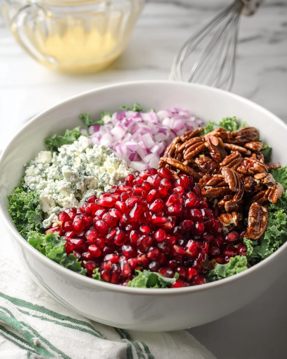 The image shows a white bowl filled with a colorful layered salad on a white marbled surface. The salad has a base of fresh curly green kale leaves at the bottom. On top of the kale, there is a layer of crumbly light blue cheese on the left side, a bright red pile of shiny pomegranate seeds in the front center, a portion of chopped purple-red onion cubes on the right, and a cluster of toasted, glossy brown pecan nuts at the back. The background has a measuring glass jar with a whisk inside and a wooden utensil nearby, adding to the kitchen scene. photo taken with an iphone --ar 4:5 --v 7