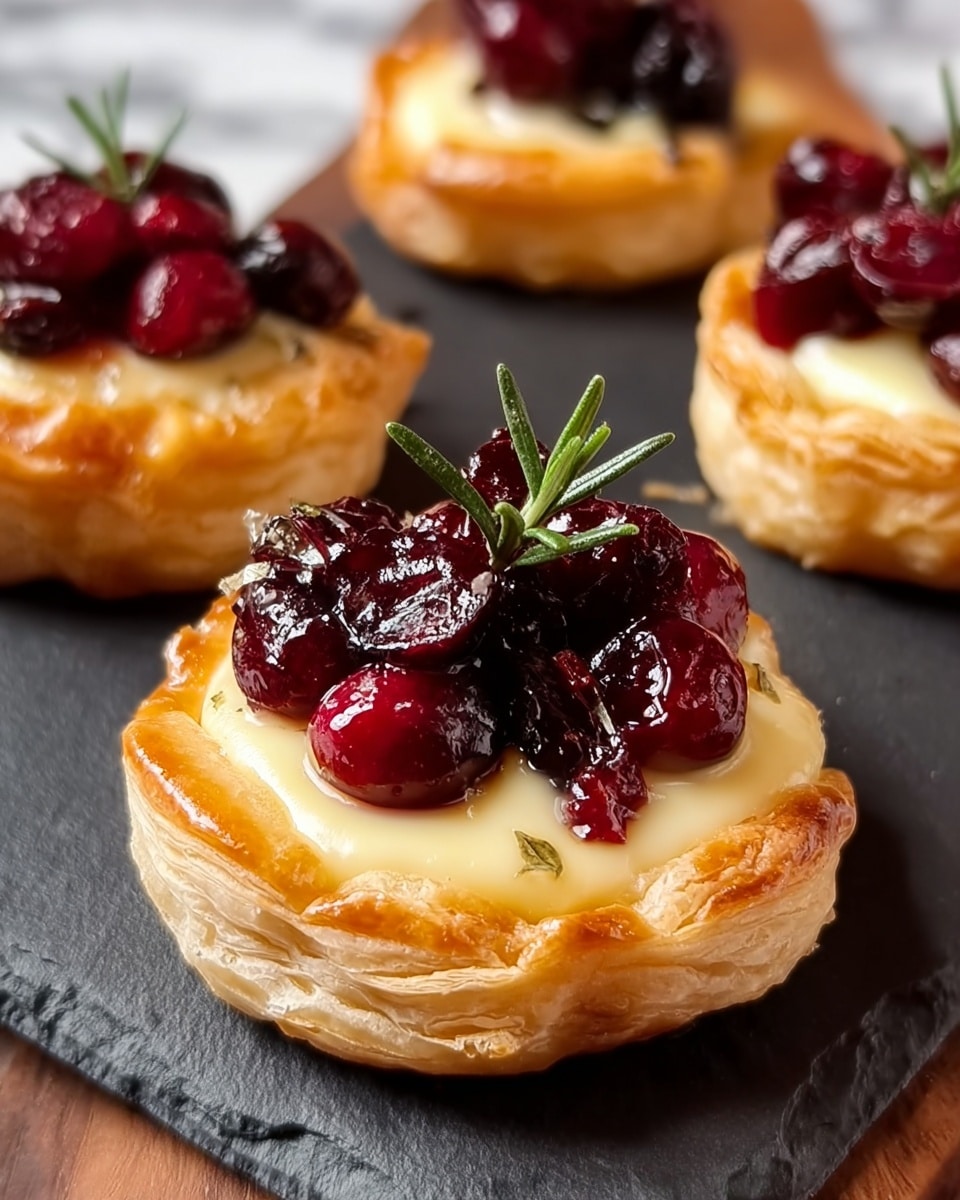 The image shows five small round pastries on a dark, slate serving board placed on a white marbled surface. Each pastry has three visible layers: the bottom flaky golden-brown puff pastry, a smooth creamy white cheese layer in the middle, and a top layer of glossy red cranberry pieces with a few small brown nuts and a small sprig of green rosemary. The pastries are close to each other, with the nearest one in focus and the others slightly blurred in the background. photo taken with an iphone --ar 4:5 --v 7