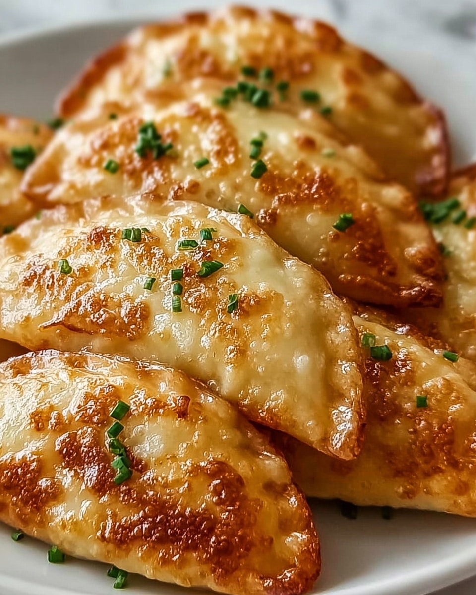 The image shows a close-up of a golden-brown pastry filled with creamy white cheese mixed with herbs and black pepper. The pastry has a crispy and flaky texture with small green herb pieces sprinkled on top. Inside, the creamy filling looks smooth and rich with specks of black pepper and herbs. The pastries are stacked closely together on a white plate, all having the same shiny baked surface. The background is a white marbled texture. photo taken with an iphone --ar 4:5 --v 7