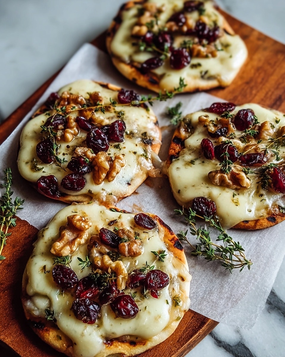 The image shows small round toasted bread slices topped with melted creamy white cheese that looks soft and gooey. On each slice, there are glossy red dried cranberries scattered unevenly along with brown walnut halves adding a rough, textured look. Fresh green thyme sprigs are placed on top for color contrast and a fresh touch. The toast pieces sit on a white marbled surface with a few crumbs around, highlighting their crisp edges. photo taken with an iphone --ar 4:5 --v 7