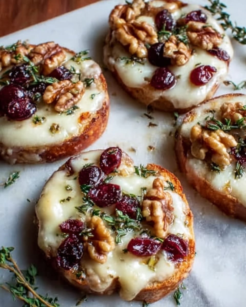 The image shows four small round flatbreads placed close together on a sheet of parchment paper over a wooden board. Each flatbread has a golden-brown grilled base, topped with a thick layer of melted creamy white cheese. On top of the cheese are scattered dark red dried cranberries and light brown walnut pieces. Fresh green thyme sprigs are laid over the flatbreads for garnish, adding a touch of natural green color. The whole arrangement sits on a white marbled surface. photo taken with an iphone --ar 4:5 --v 7