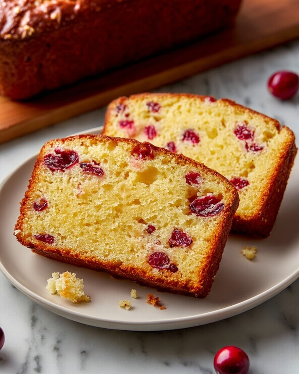 A close-up image of a sliced yellow cake loaf with scattered bright red berries inside the soft, moist crumb. The cake has a golden brown crust with a slightly cracked top sprinkled with powdered sugar. Two thick slices are partially cut and lie next to the main loaf on a clean white plate, placed on a white marbled surface. The texture shows a light and fluffy interior with bursts of red fruit throughout. Photo taken with an iphone --ar 4:5 --v 7