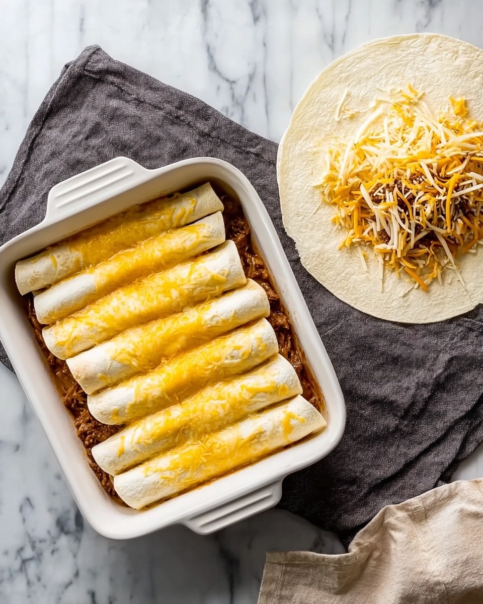 The image shows three rolled enchiladas closely placed side by side in a white rectangular baking dish. Each enchilada is filled with shredded chicken that looks tender and seasoned. The enchilada tortillas are covered evenly with melted cheese that is golden brown and bubbly, with some darker toasted spots on top. The creamy sauce underneath is light in color and slightly thick, surrounding the edges of the enchiladas. The dish is set on a white marbled surface with soft natural light coming from a window in the background. photo taken with an iphone --ar 4:5 --v 7