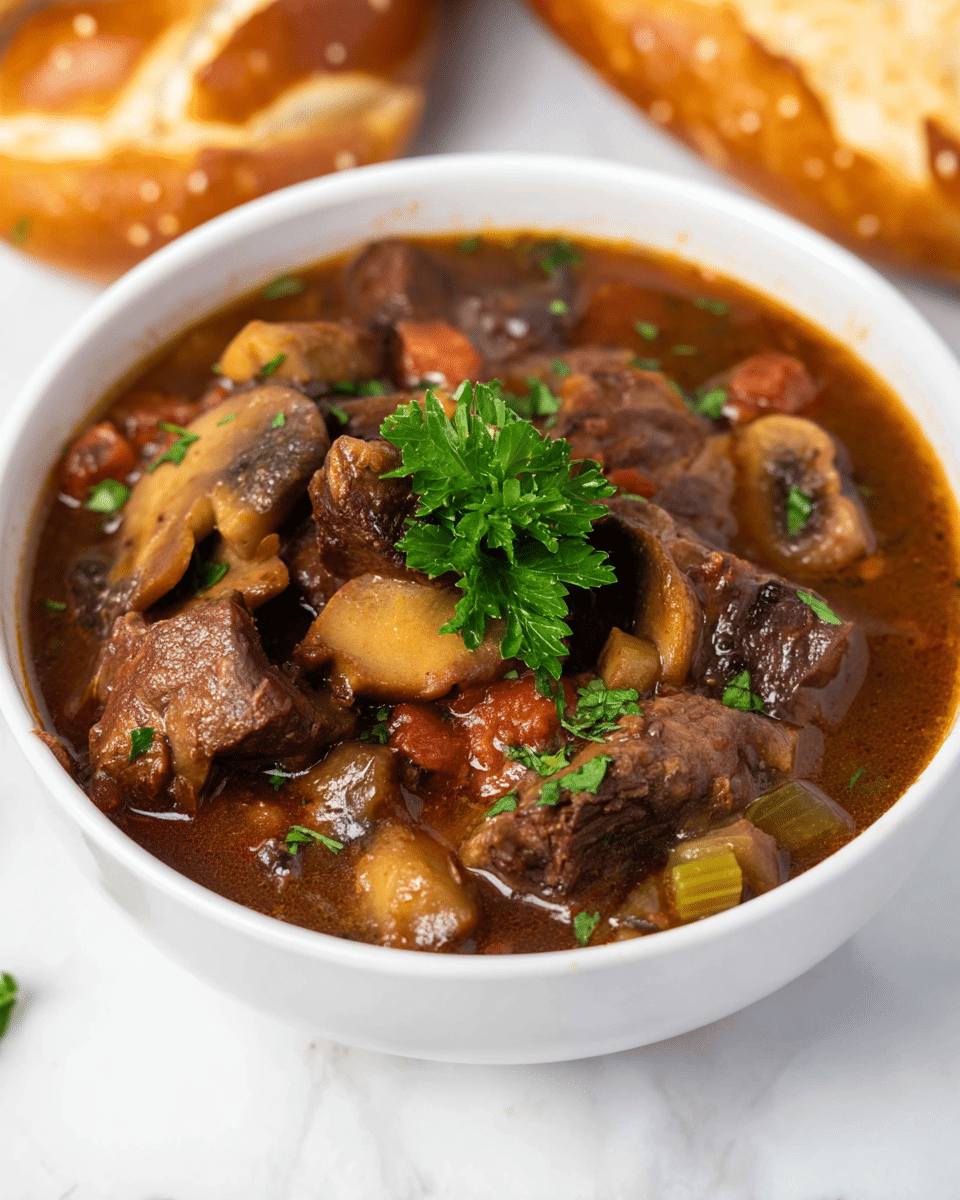 A white bowl filled with a rich beef stew showing three main layers: the bottom layer is a reddish-brown broth, the middle layer has chunks of browned beef, diced red tomatoes, and slices of brown mushrooms mixed with softened vegetables, and the top layer is garnished with fresh green parsley leaves. In the background, there is a partially visible pretzel with a shiny brown crust, all set on a white marbled surface. Photo taken with an iphone --ar 4:5 --v 7