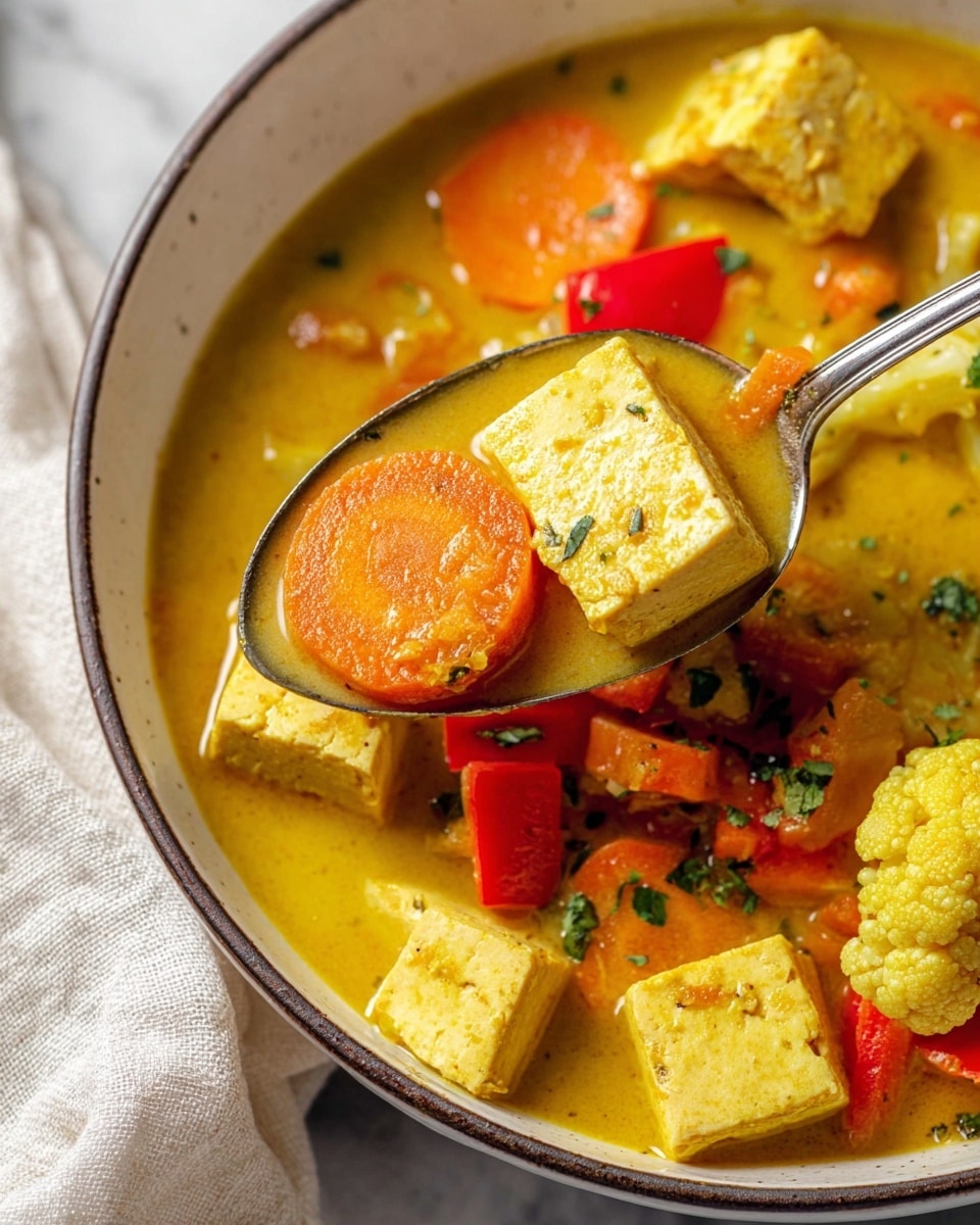 The image shows a close-up of a bowl filled with a yellow curry soup containing large cubes of tofu, orange carrot slices, red bell pepper pieces, and small cauliflower florets, all mixed in a thick, creamy yellow broth. A silver spoon holds a piece of tofu, a carrot slice, and some broth, angled towards the camera and resting inside the bowl. The bowl is white with a slight speckled texture and a subtle dark rim, set on a white marbled surface with a light-colored cloth partially visible on the side. Small green herb bits are scattered over the dish, adding a touch of freshness. Photo taken with an iphone --ar 4:5 --v 7