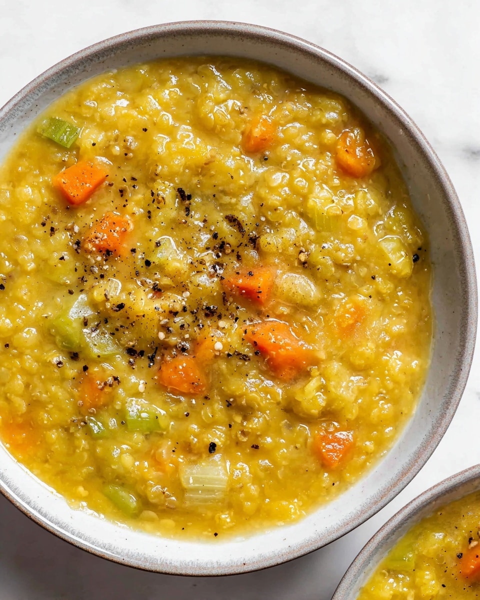 The image shows two white bowls filled with thick yellow-green split pea soup. The soup has visible chunks of orange carrots and light green celery pieces mixed throughout, with a slightly chunky and soft texture. The surface of the soup is sprinkled with coarse black pepper, adding black specks that stand out against the yellow base. The bowls sit on a white marbled surface, enhancing the bright colors of the soup. Photo taken with an iphone --ar 4:5 --v 7