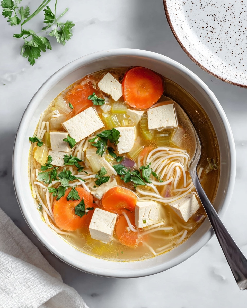 A close-up view of a pot filled with a clear, light yellow broth soup containing thin white noodles spread across the top layer, bright orange carrot slices, small light green celery pieces, and white tofu cubes with a slightly textured surface scattered throughout. The soup looks warm and inviting inside a large, slightly worn pot sitting on a white marbled surface. Photo taken with an iphone --ar 4:5 --v 7