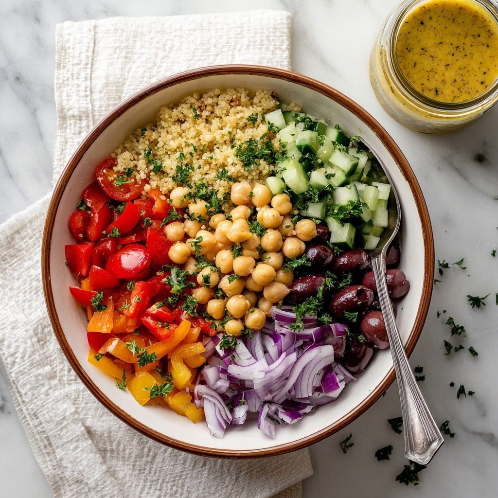 A white bowl sits on a white marbled surface, filled with a colorful salad made of several layers. The bottom layer contains chopped red tomatoes, dark purple olives, light beige chickpeas, green cucumber pieces, sliced red onion, and fresh green parsley, all mixed together. On top of the salad, a wooden spoon rests gently. Above the bowl, a metal mesh sieve holds cooked, light brown grains, ready to be added to the salad. The textures vary from the smooth, soft grains to the fresh, crunchy vegetables. Photo taken with an iphone --ar 4:5 --v 7