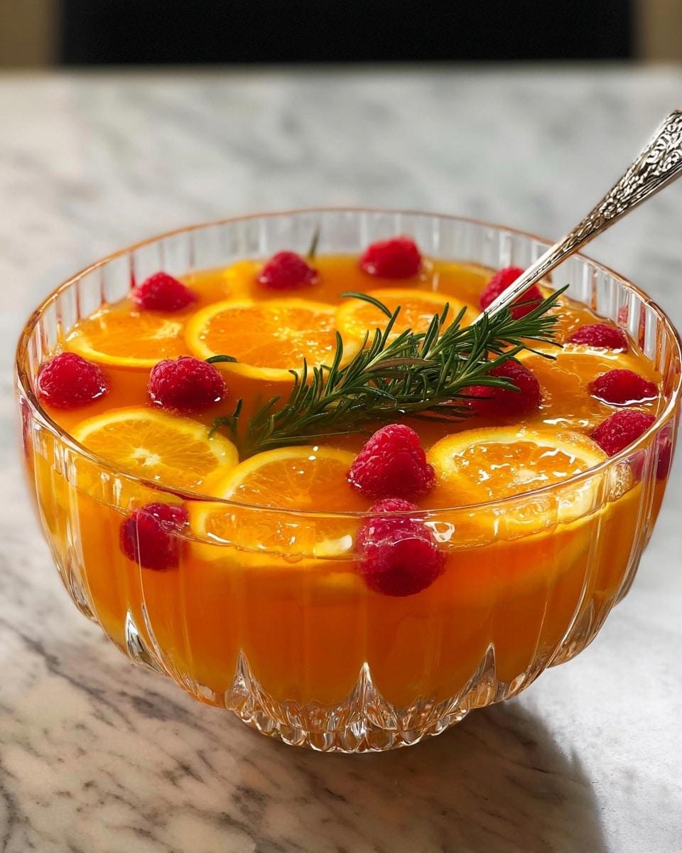 A clear scalloped glass bowl filled with bright orange punch liquid. The punch has two layers of orange slices, one layer is fully submerged inside the liquid, and the second layer floats on top. Between and on the top layer of orange slices are small red raspberries scattered around. A sprig of green rosemary sticks out on one side of the punch on top. A silver spoon rests inside the bowl, its handle leaning against the edge. The bowl is placed on a white marbled surface. Photo taken with an iphone --ar 4:5 --v 7