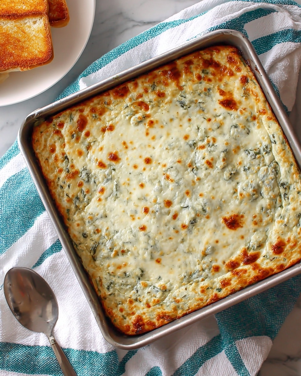 A close-up view of a dark gray rectangular baking dish filled with a creamy, lightly browned baked spinach dip that has a textured top with melted cheese and bits of green spinach visible; a woman's hand is dipping a small piece of light golden toasted bread with an airy inside into the dip, with a white plate holding more toasted bread pieces blurred in the background on a white marbled surface. photo taken with an iphone --ar 4:5 --v 7