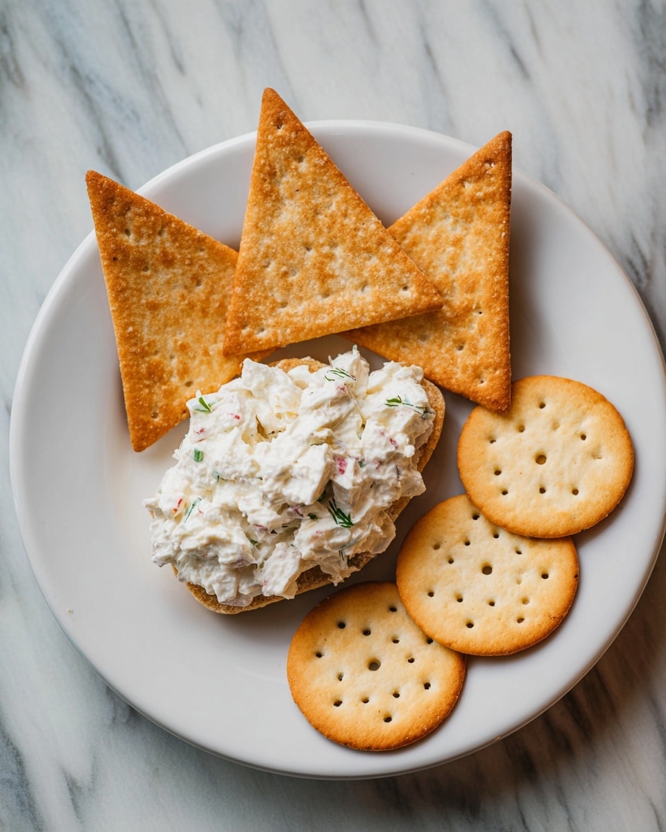 A white plate holds a simple snack with two layers: the bottom layer is a creamy white spread mixed with small bits of green and pink, adding a speckled texture, and on top of this lies an arrangement of five crackers—three triangular crackers with a toasted golden-brown color and two round crackers with small holes and a light golden hue. The plate sits on a white marbled surface. photo taken with an iphone --ar 4:5 --v 7