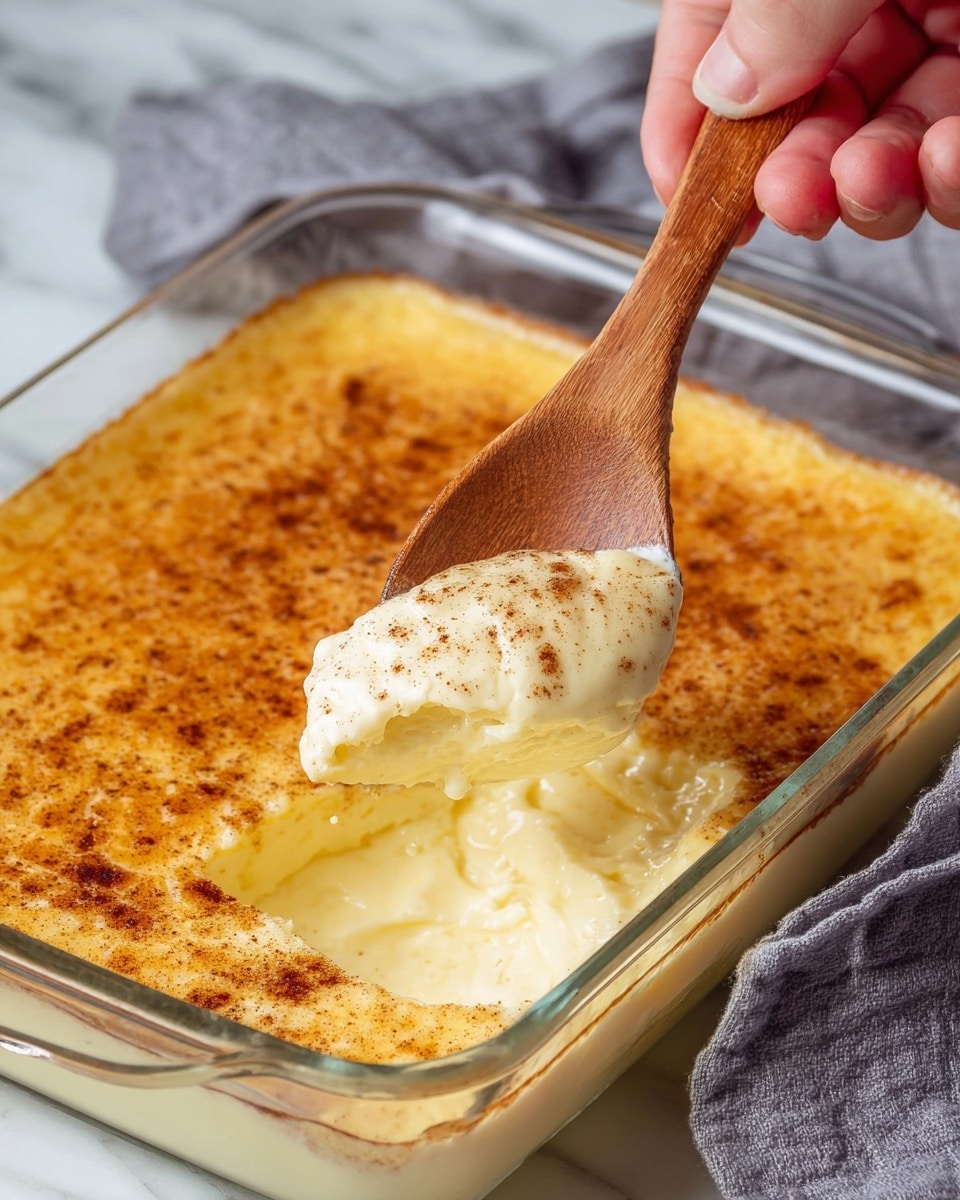 A white plate holds a creamy dessert with one thick layer of pale yellow custard topped with a slightly browned, smooth surface sprinkled with fine brown cinnamon powder. A spoon lifts a soft, gooey scoop revealing the shiny, rich texture underneath. The plate edges have scattered cinnamon powder and the scene shows a cloth with a checkered pattern in the background on a white marbled texture. photo taken with an iphone --ar 4:5 --v 7
