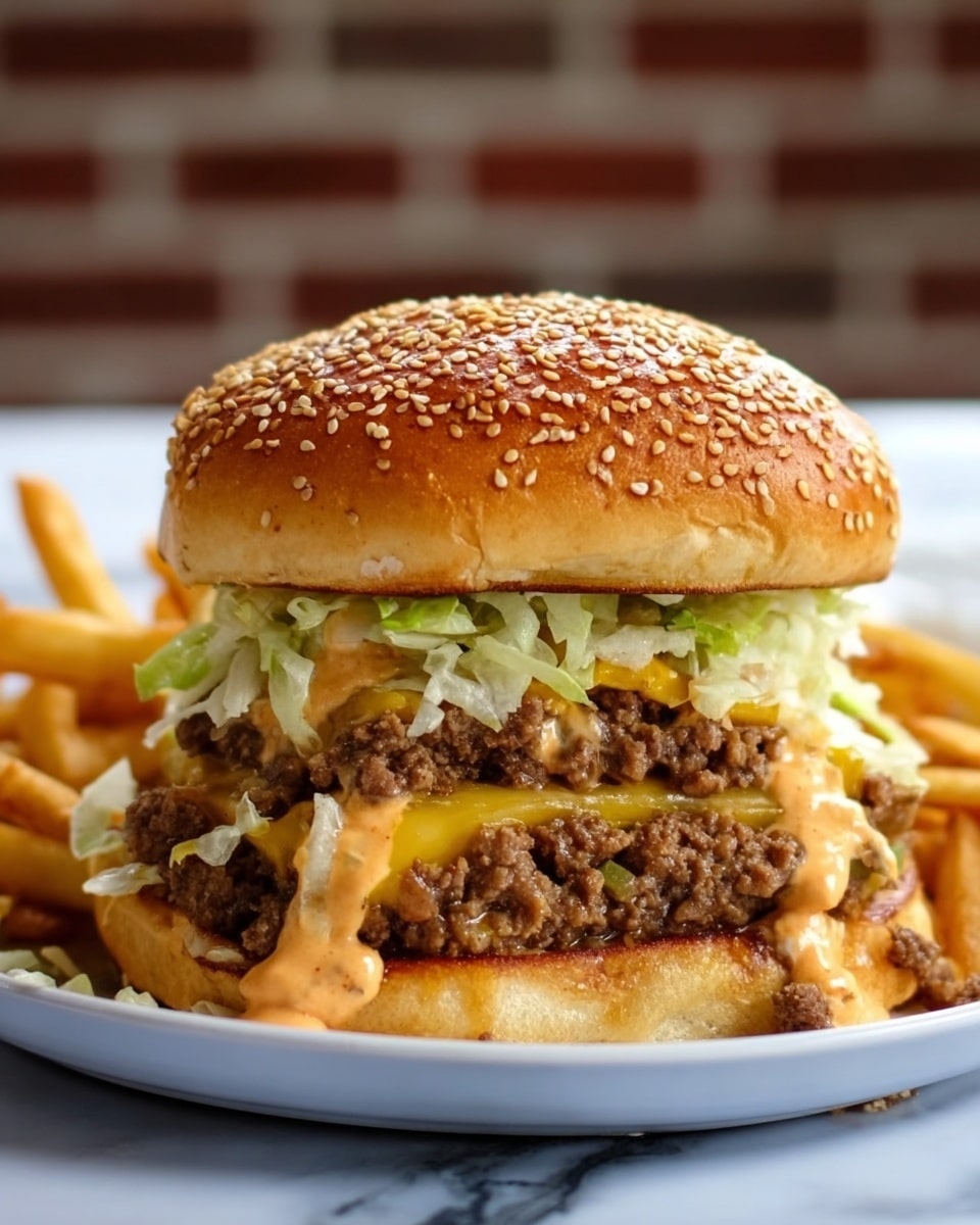 A sesame seed bun sandwich with three layers: the top layer is the golden brown sesame seed bun with small seeds sprinkled over it; below it is a thick, messy layer of cooked minced beef mixed with onions, sitting on a bed of shredded light green lettuce and creamy orange sauce that slightly drips down; below that is a toasted bun slice topped with more cooked minced beef, pieces of yellow cheddar cheese, and a dollop of sauce; the bottom bun is golden brown and supports all the fillings. On the white plate behind the sandwich are golden French fries, and some minced beef spills onto the plate. The scene is set on a white marbled surface with a blurred brick wall in the background. Photo taken with an iphone --ar 4:5 --v 7