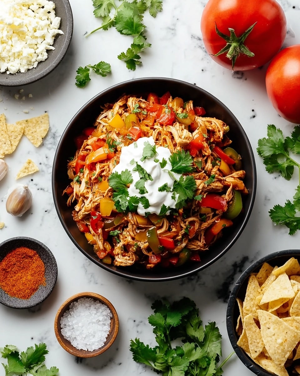 A black bowl is filled with shredded chicken mixed with diced red and yellow bell peppers, green peas, and small slices of green chili peppers, creating a colorful and textured base layer. On top of the chicken mixture, a thick layer of white creamy sauce is spread in the center, garnished with several fresh green cilantro leaves. The bowl is placed on a white marbled surface scattered with a few cilantro leaves, a garlic bulb with cloves, and small bowls containing salt and what appears to be grated cheese or breadcrumbs. To the left of the bowl, a wooden spoon rests on the white marbled surface. Photo taken with an iphone --ar 4:5 --v 7