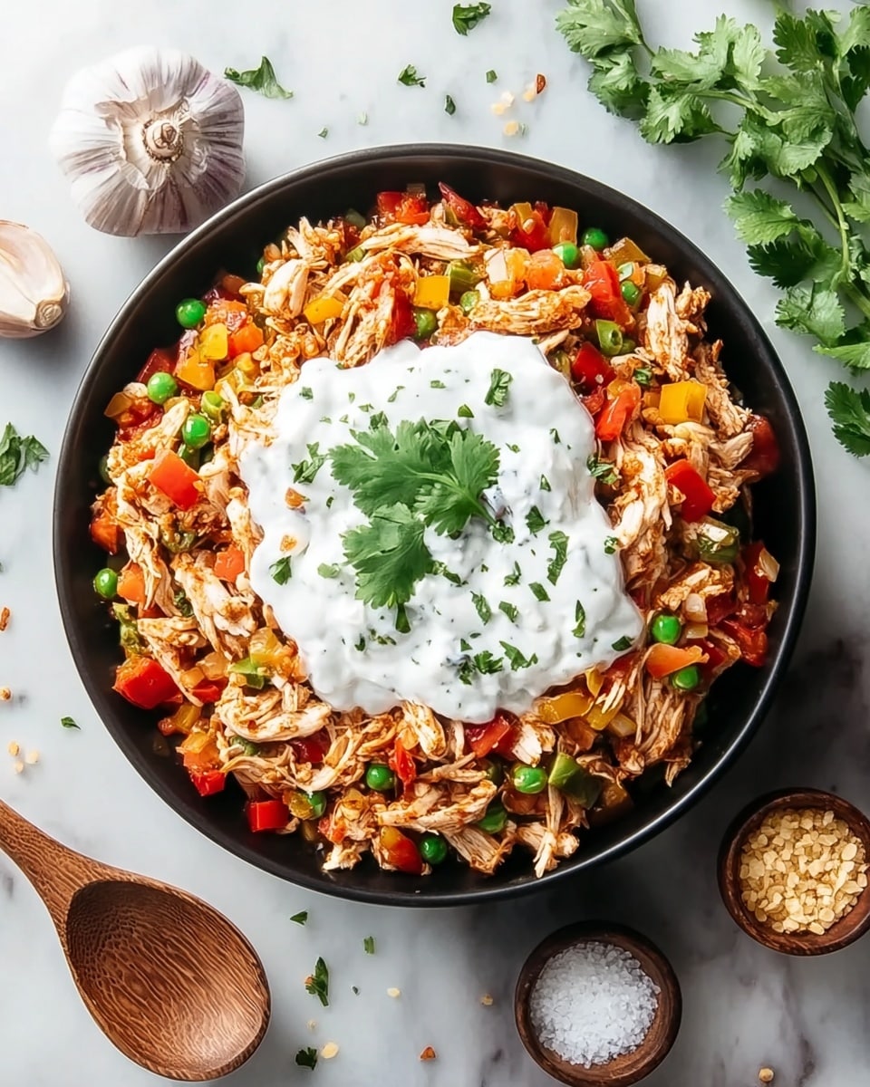 A round black bowl filled with a colorful mix of shredded chicken and chopped red, yellow, and green bell peppers scattered in a layered manner. On top, there is a dollop of white sour cream garnished with fresh green cilantro leaves. Surrounding the bowl, on a white marbled texture, are various elements including two bright red tomatoes, a black bowl of tortilla chips on the right, a black bowl with white crumbled cheese, a small black bowl of reddish-orange spice powder to the left, and small white dishes with garlic cloves and salt. Fresh cilantro leaves are scattered around the scene. Photo taken with an iphone --ar 4:5 --v 7