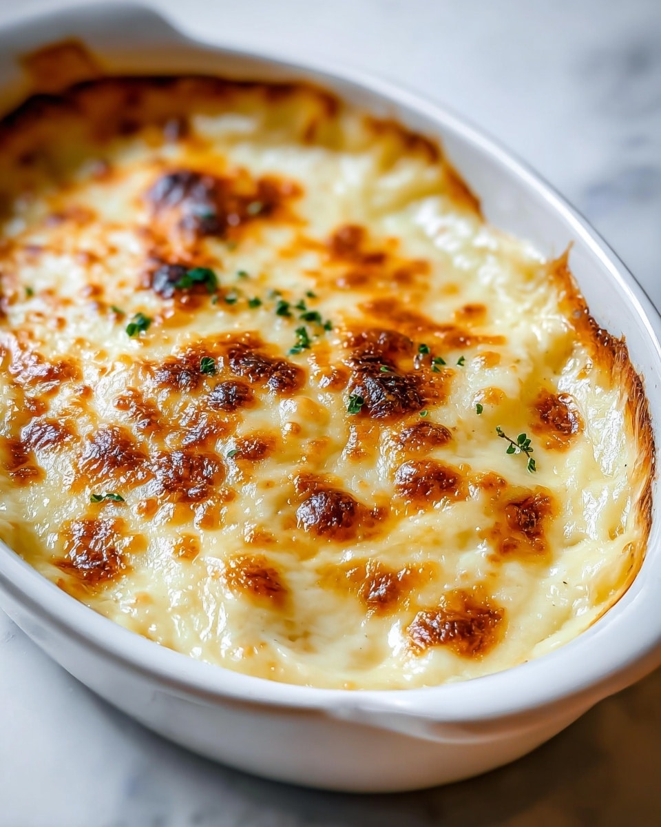 A square piece of layered dish sits on a white plate, showing two main layers: the bottom layer is a smooth, pale yellow mashed potato base, and the top layer is melted cheese with a golden-brown, slightly crispy texture sprinkled with small green herb sprigs. The piece looks soft and creamy with some browned spots on the cheese surface, while fresh green herbs lay around the plate edges. A fork rests next to the dish on the plate, all set on a white marbled surface. Photo taken with an iphone --ar 4:5 --v 7