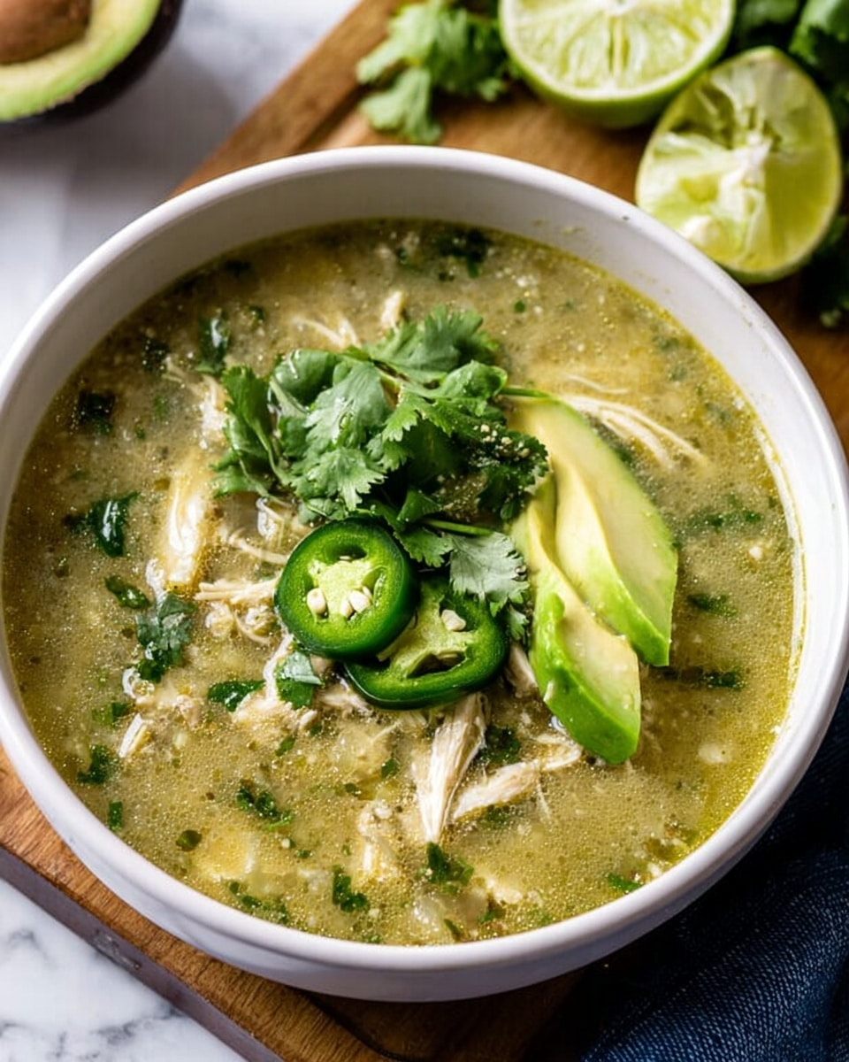 A white bowl filled with a greenish soup that has a slightly thick texture and visible bits of herbs and shredded chicken inside. On top, there are three slices of green jalapeño placed near a fan of light green avocado slices, with a small bunch of fresh cilantro leaves sitting in the center. The soup looks fresh with scattered chopped cilantro throughout. The bowl is set on a wooden board with half a lime and a blue cloth nearby, all resting on a white marbled surface. photo taken with an iphone --ar 4:5 --v 7