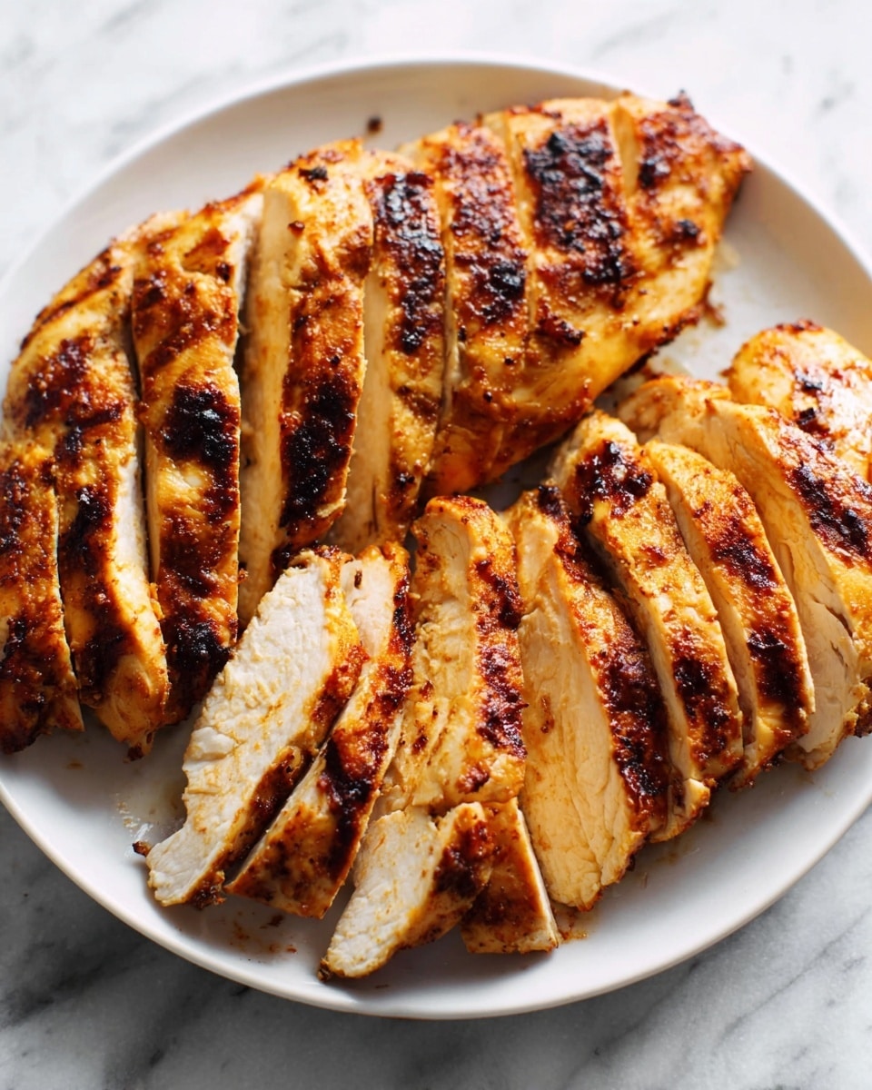 The image shows a white plate on a white marbled surface filled with sliced grilled chicken breast. The chicken has a golden-brown color with visible grill marks and a slightly crispy texture on the outside. The chicken pieces are arranged side by side in a neat row, showing the tender, juicy, and slightly off-white inside. The lighting highlights the grilled details and the juicy texture of the slices. Photo taken with an iphone --ar 4:5 --v 7