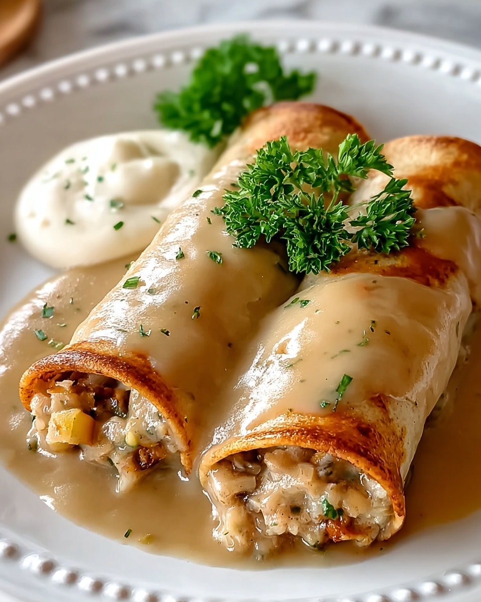 Two golden-brown stuffed crepes sit side by side on a white plate with a decorative rim. Each crepe is filled with a chunky mixture of light beige and green pieces, partially visible at the opened ends. A smooth, glossy beige gravy generously covers the top of the crepes and pools slightly around them. On the upper left of the plate, there is a mound of creamy, pale yellow mashed potatoes garnished with a few sprigs of fresh green parsley. Additional parsley sprigs are placed around the crepes, adding a vibrant contrast to the warm tones of the dish. The plate rests on a white marbled surface. photo taken with an iphone --ar 4:5 --v 7