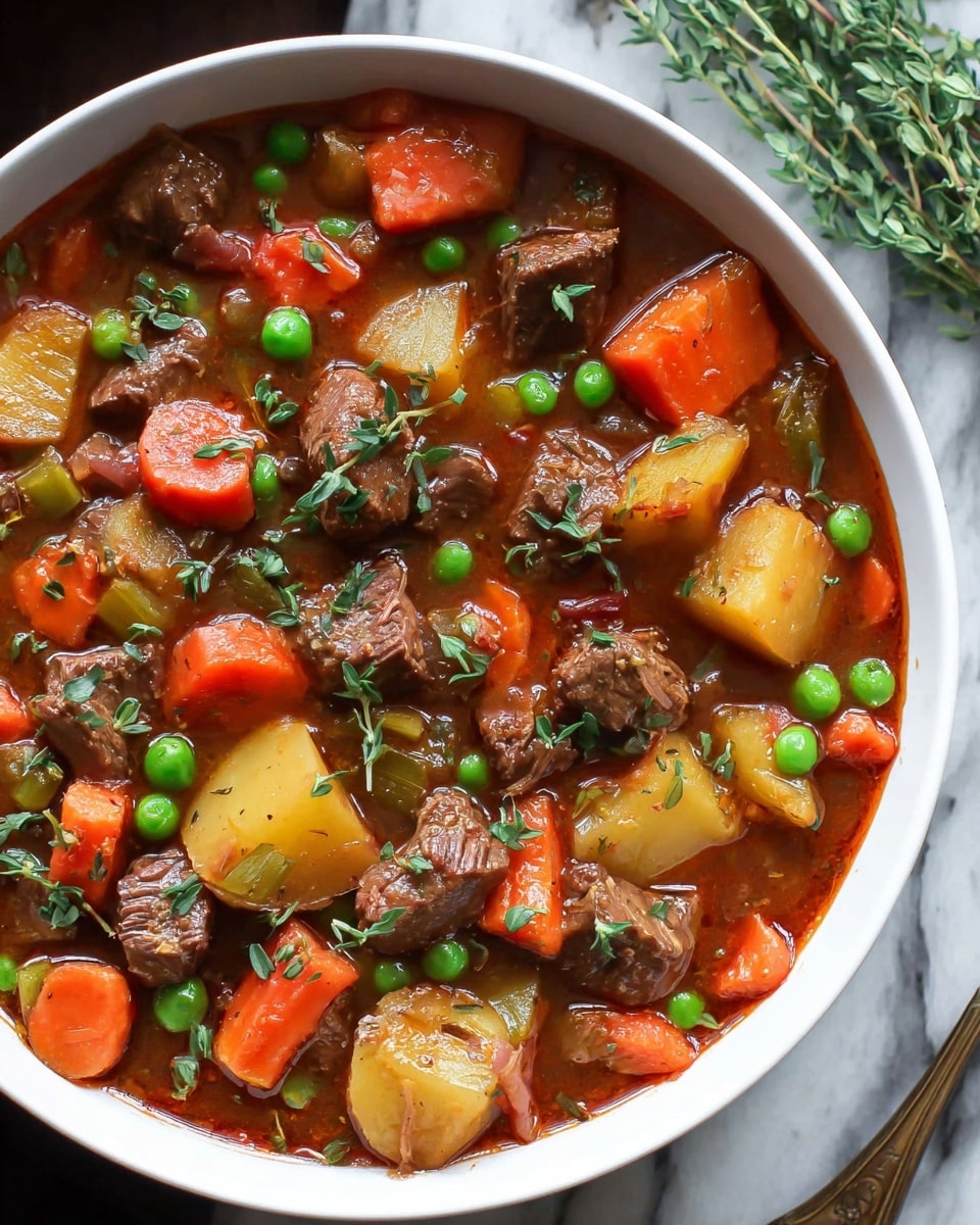 A large white pot filled with a rich stew showing three main layers: a base layer of deep brown-red broth, a middle layer with chunks of tender brown beef, and the top layer with bright green peas, round yellow baby potatoes, orange carrot slices, and red bell pepper pieces scattered evenly; fresh green herbs sprinkled on top add texture and color contrast. The pot has black handles and sits on a white marbled surface with fresh green thyme sprigs and gold-colored utensils in the background. Photo taken with an iphone --ar 4:5 --v 7