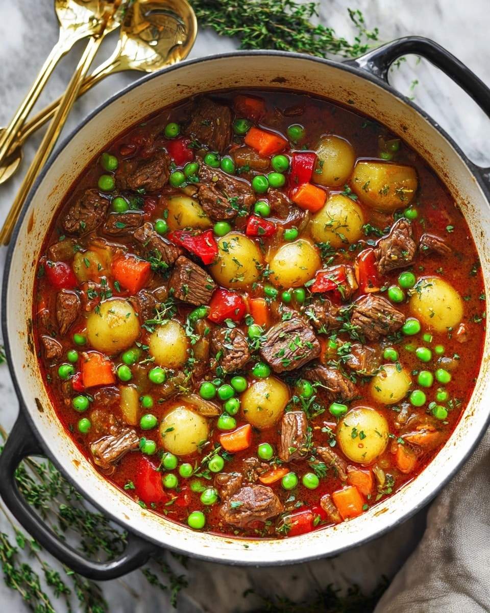 A close-up top view of a white bowl filled with a rich, chunky beef stew showing about four layers of ingredients: tender cubes of brown beef, bright orange carrot slices, pale yellow potato chunks, and green peas all immersed in a thick, dark reddish-brown broth. Scattered small green herb leaves float on top, adding a touch of freshness to the mixture. The bowl is placed on a white marbled surface with a few sprigs of fresh thyme visible beside it. Photo taken with an iphone --ar 4:5 --v 7